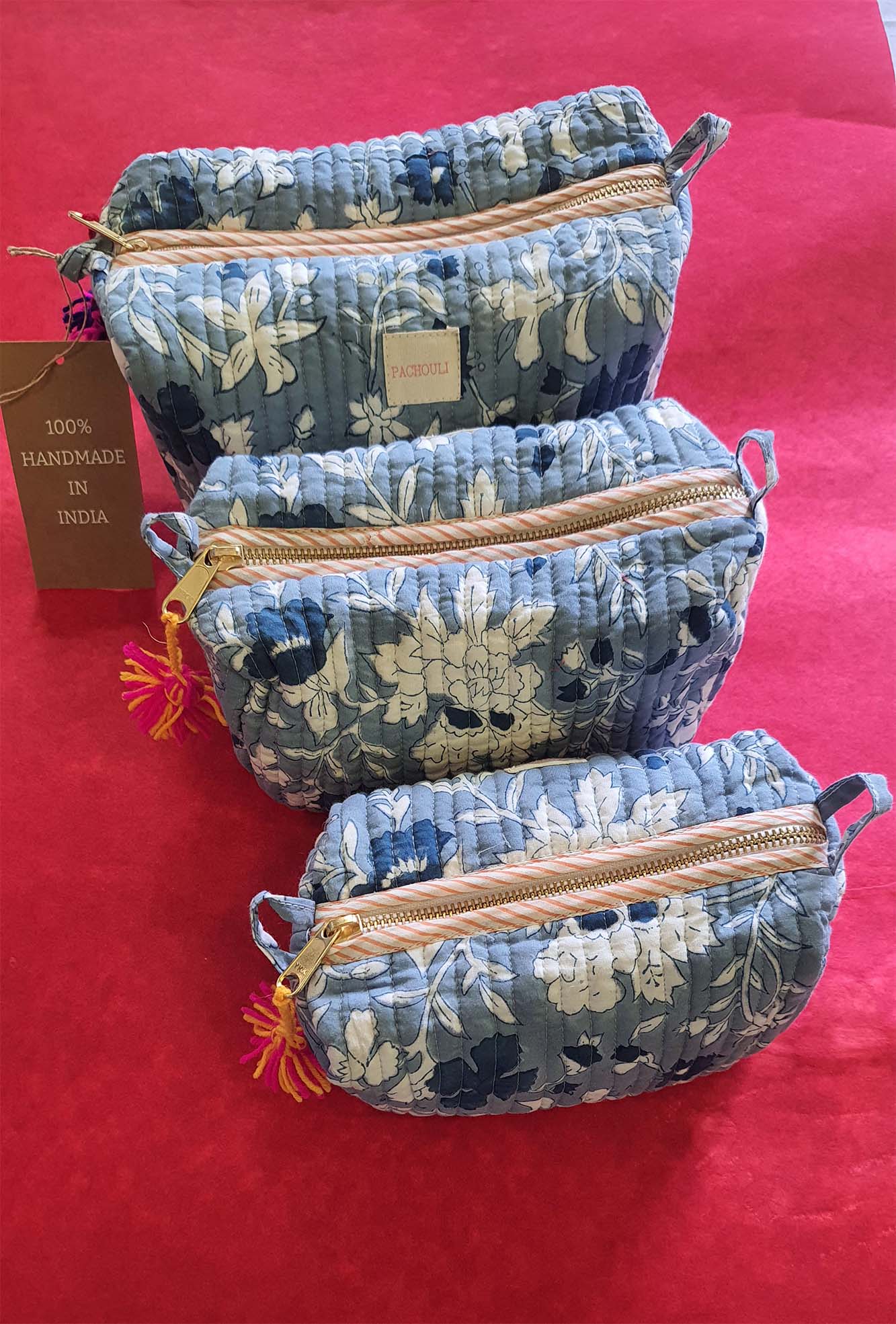 Travel Pouch Set of 3 Blue Floral