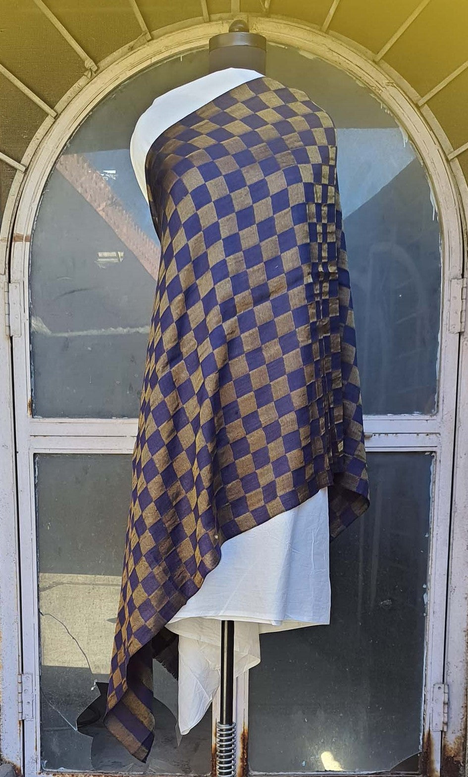 Women Pashmina Stole Checkered Navy Blue