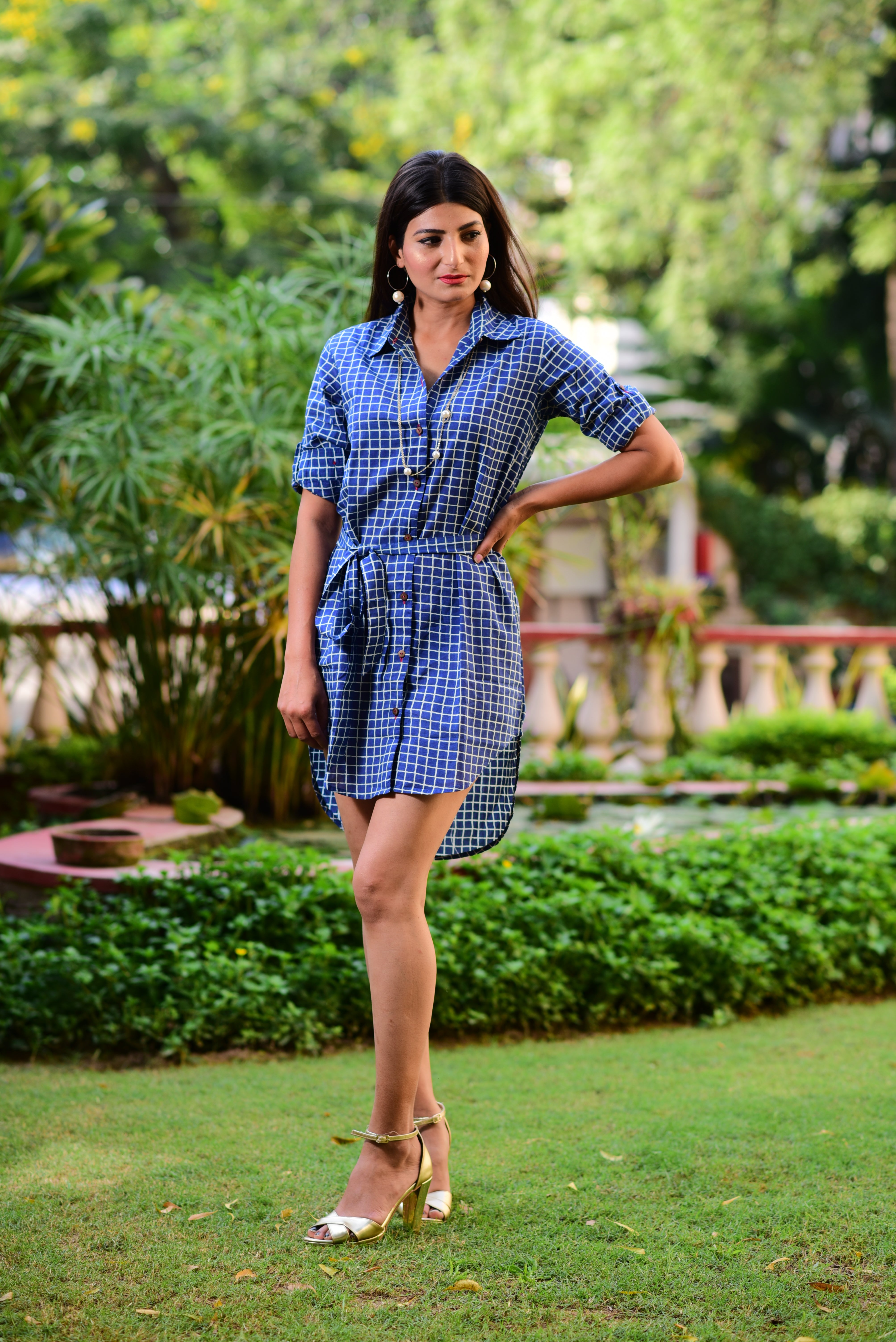 Women Blue Check Shirt Dress