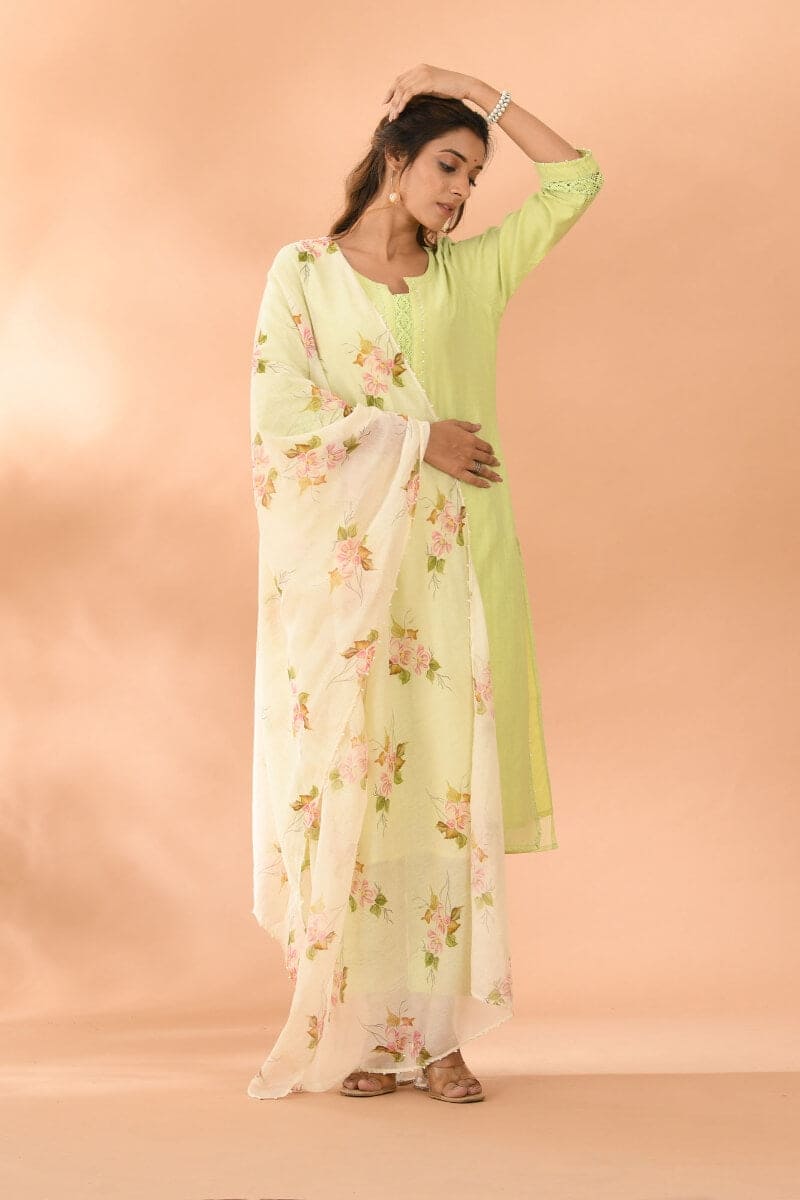 Suit Set Womens Green Chanderi Plain S/3