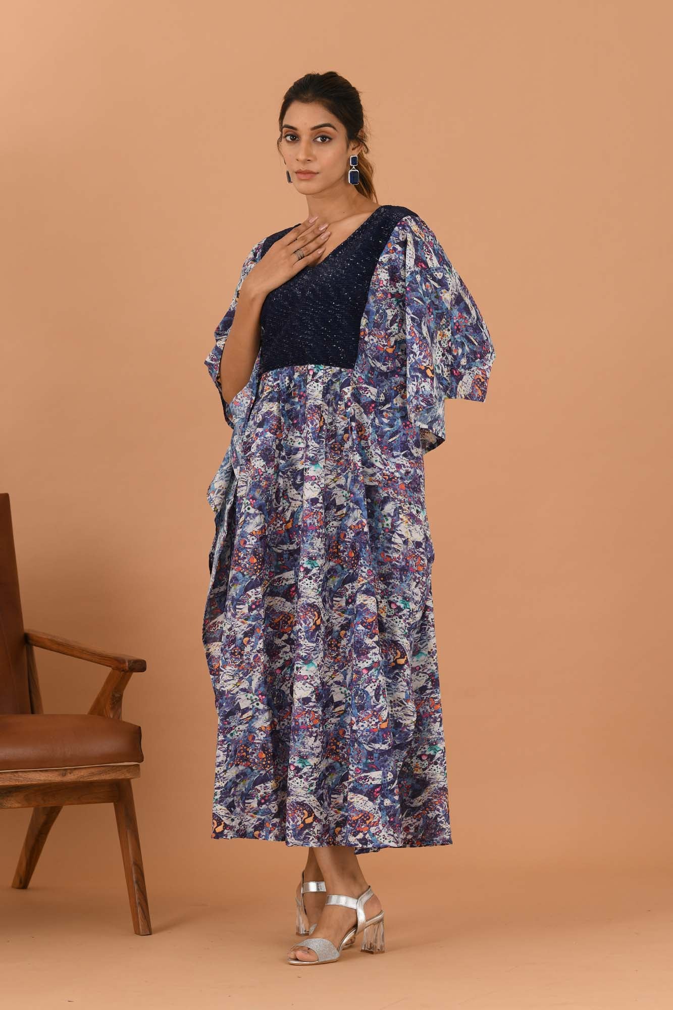 Women Rose Blue Silk Dress