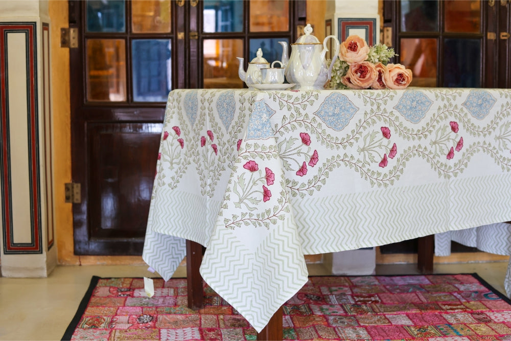 Table Cover Block Printed Pink Blue