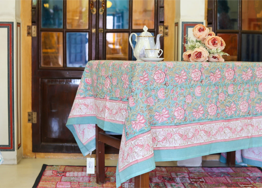 Table Cover Block Printed Cyan Pink