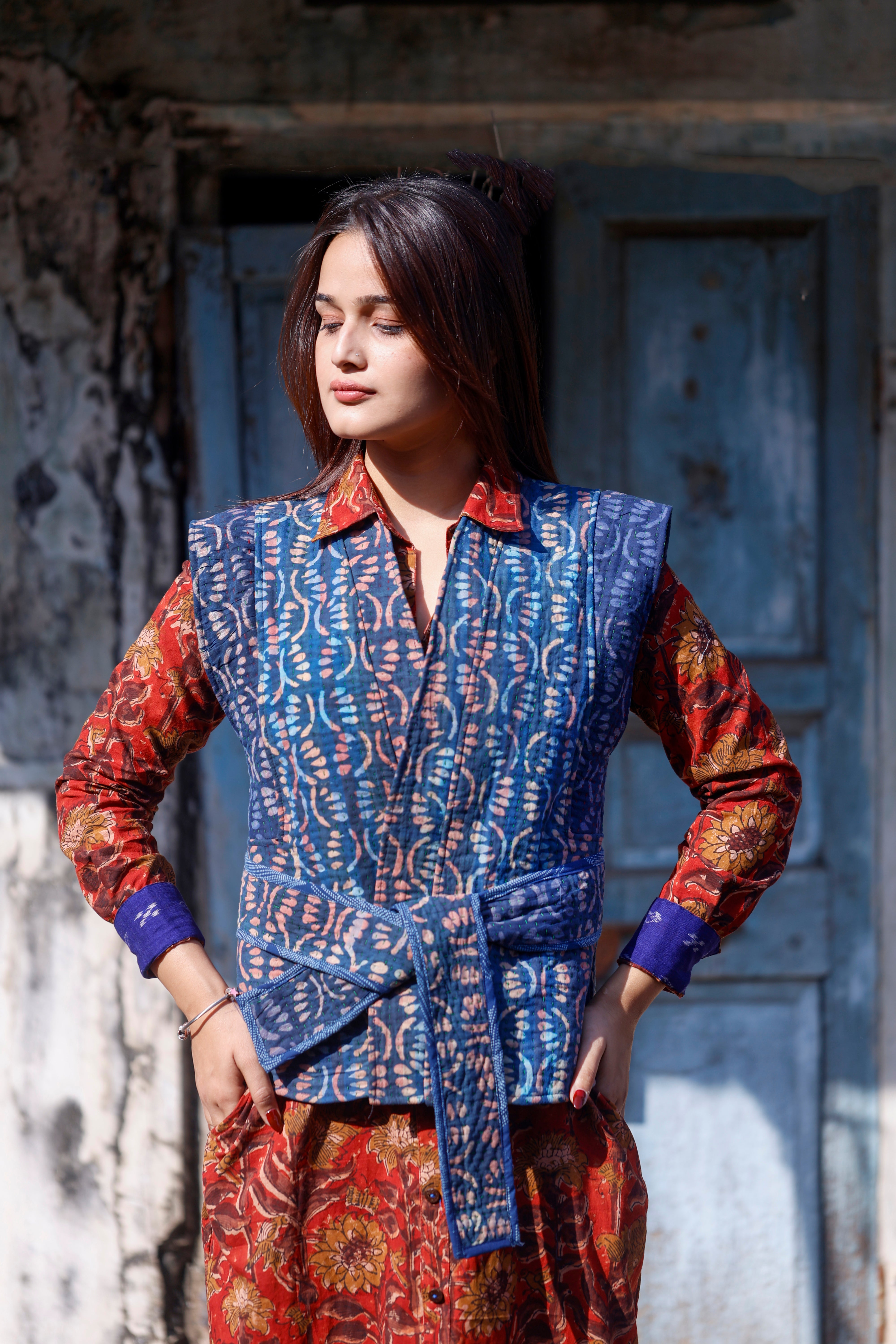 Blue Kantha Sleeveles Jacket