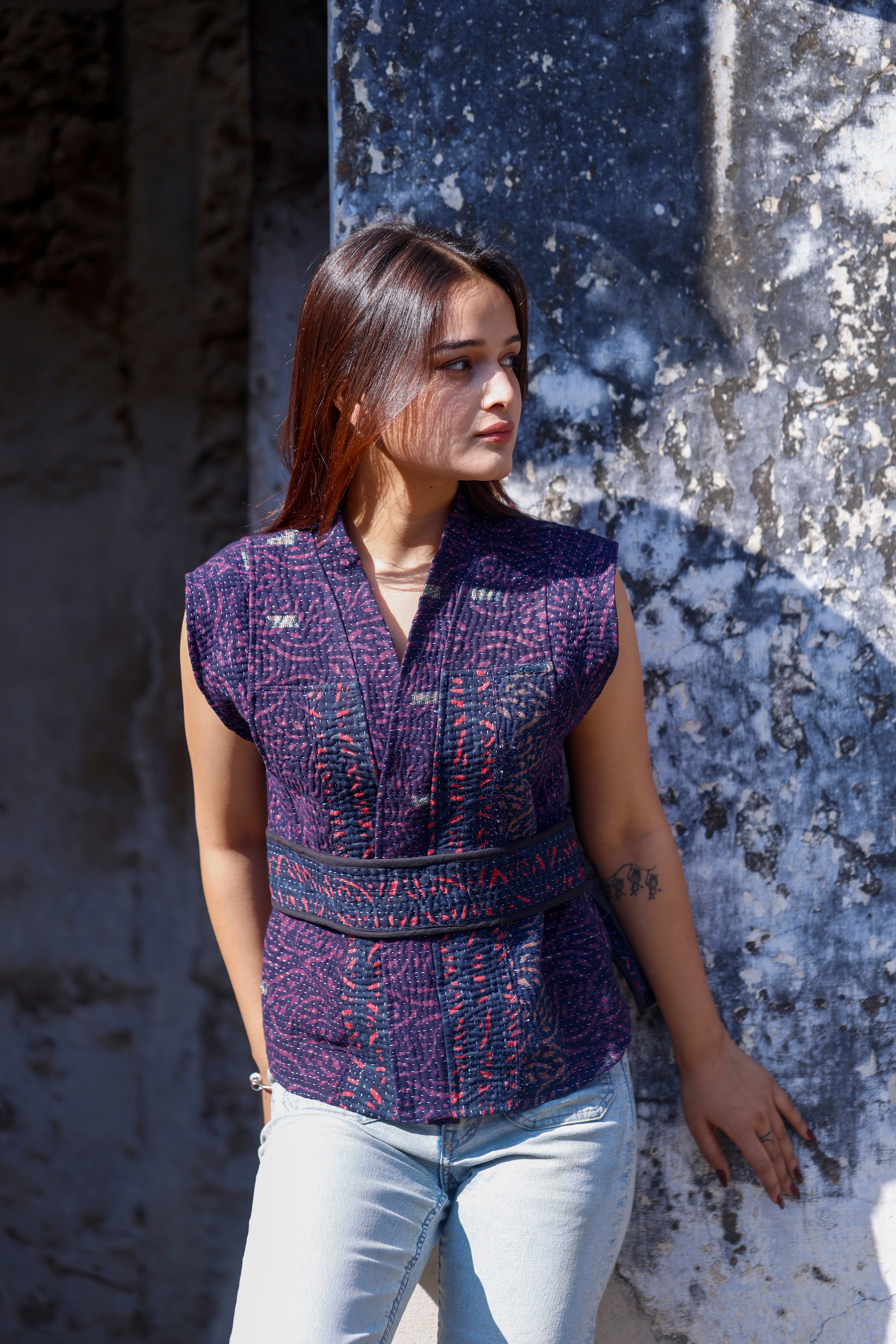 Purple Kantha Sleeveles Jacket