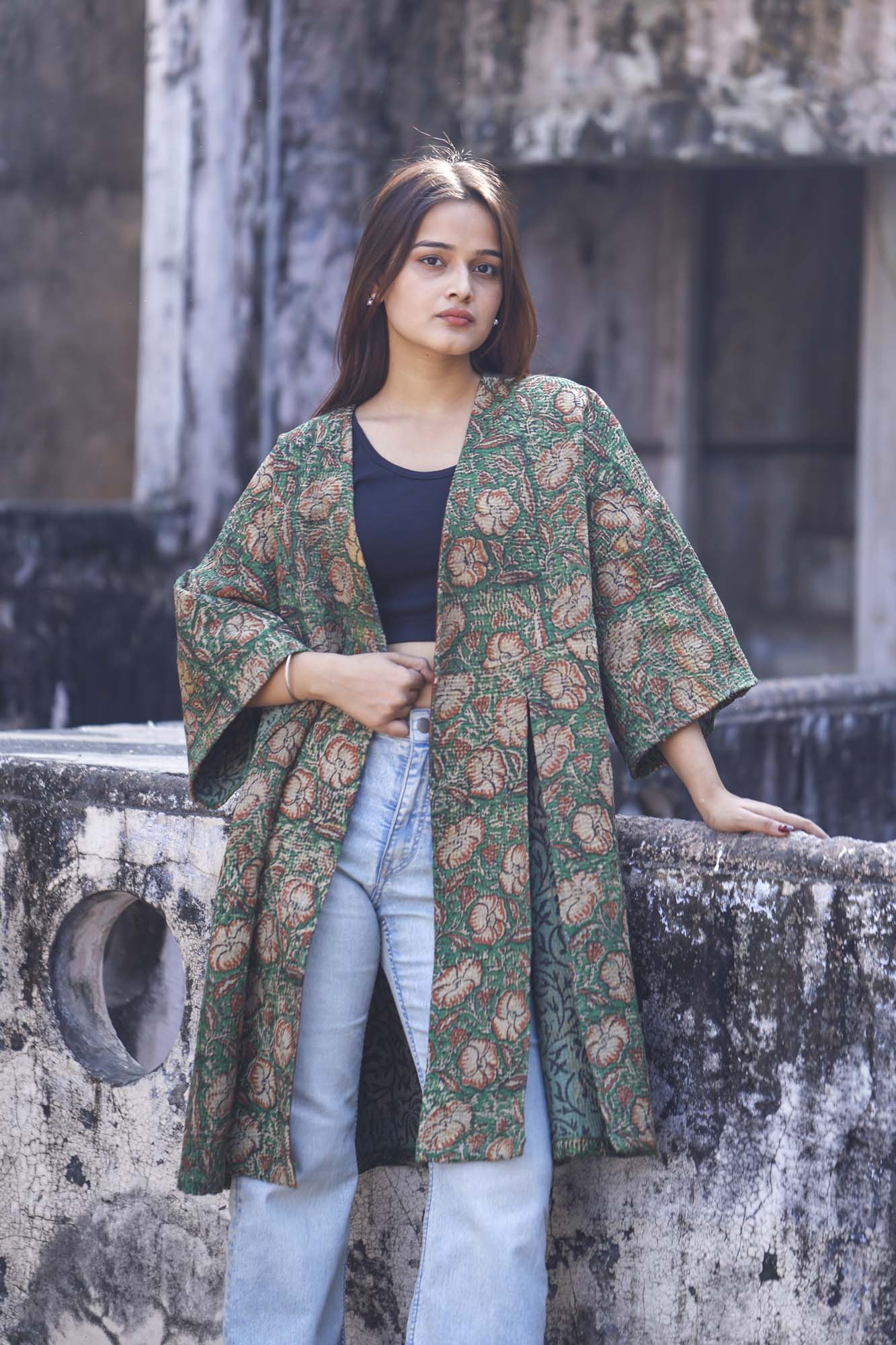 Green Kantha Full Jacket