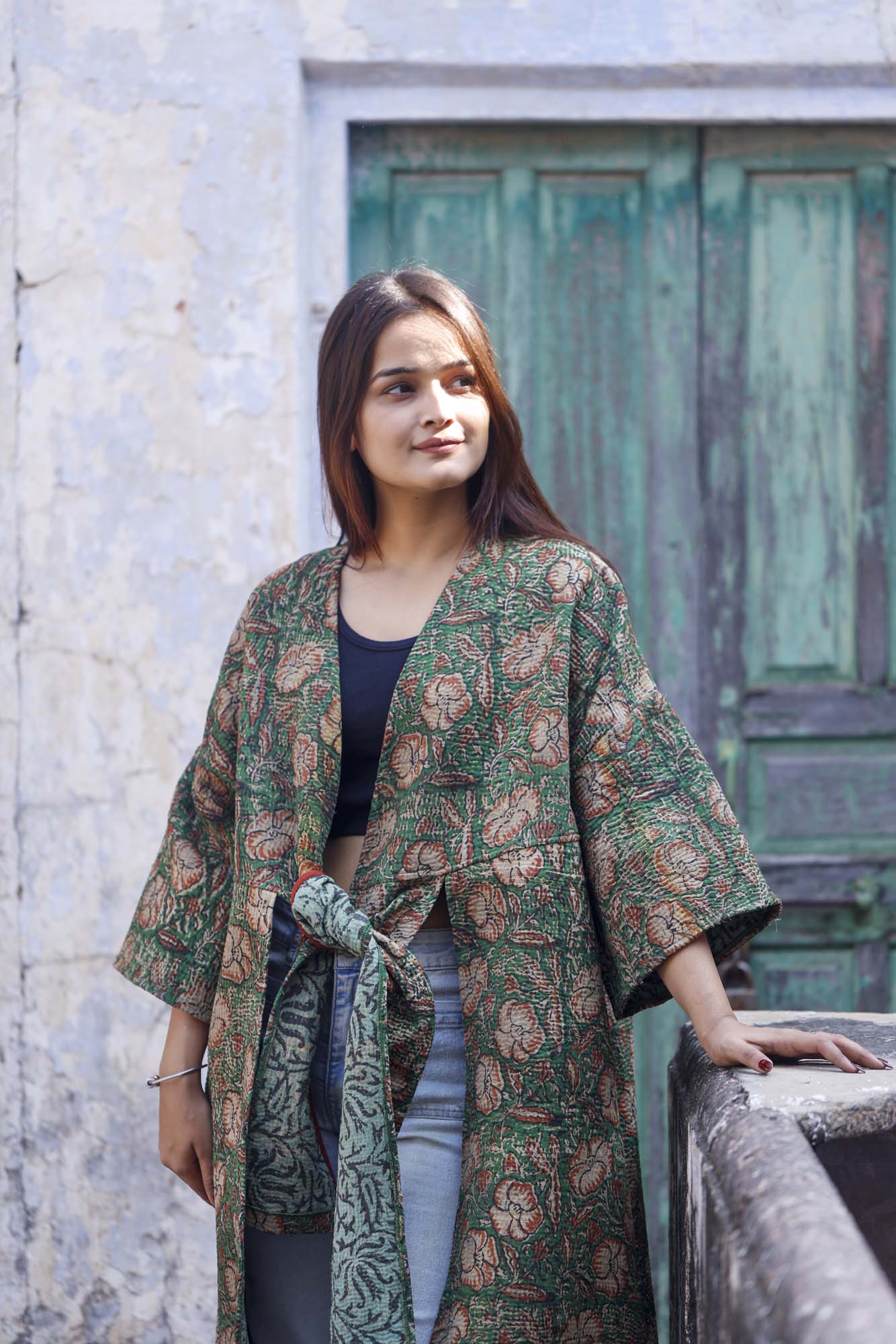 Green Kantha Full Jacket