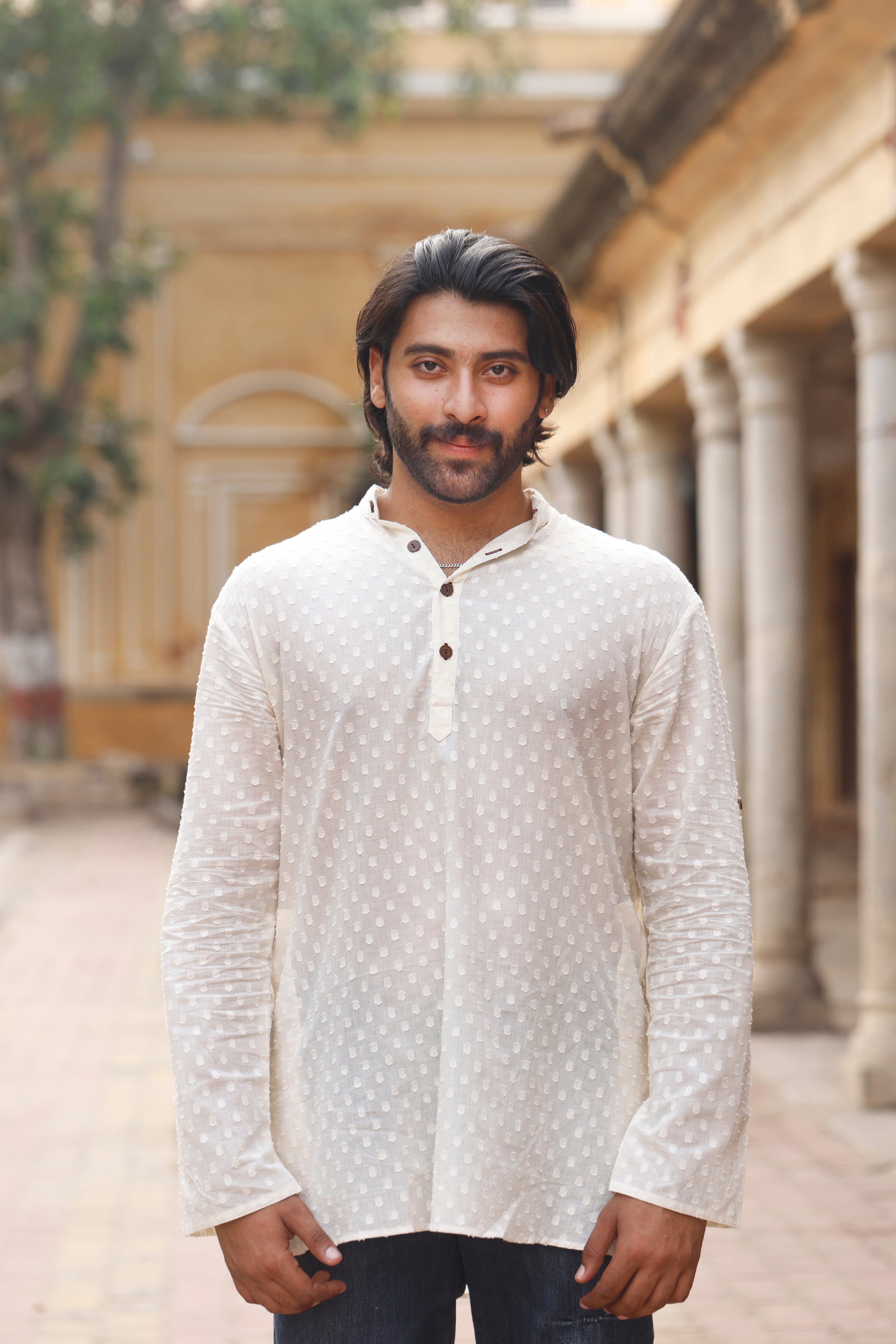 White Dobby Short Kurta