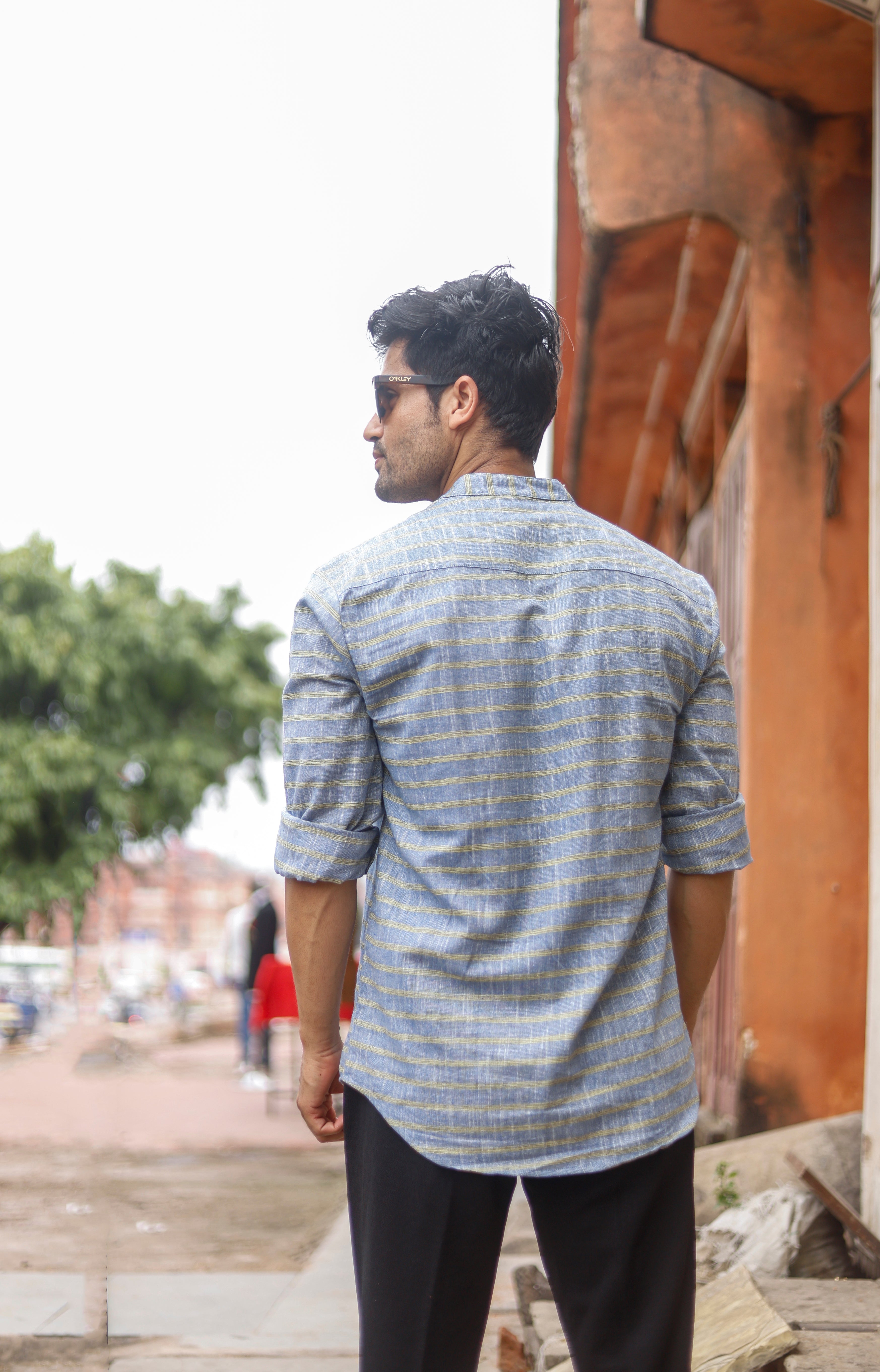 Woven Blue Shirt With Stripes