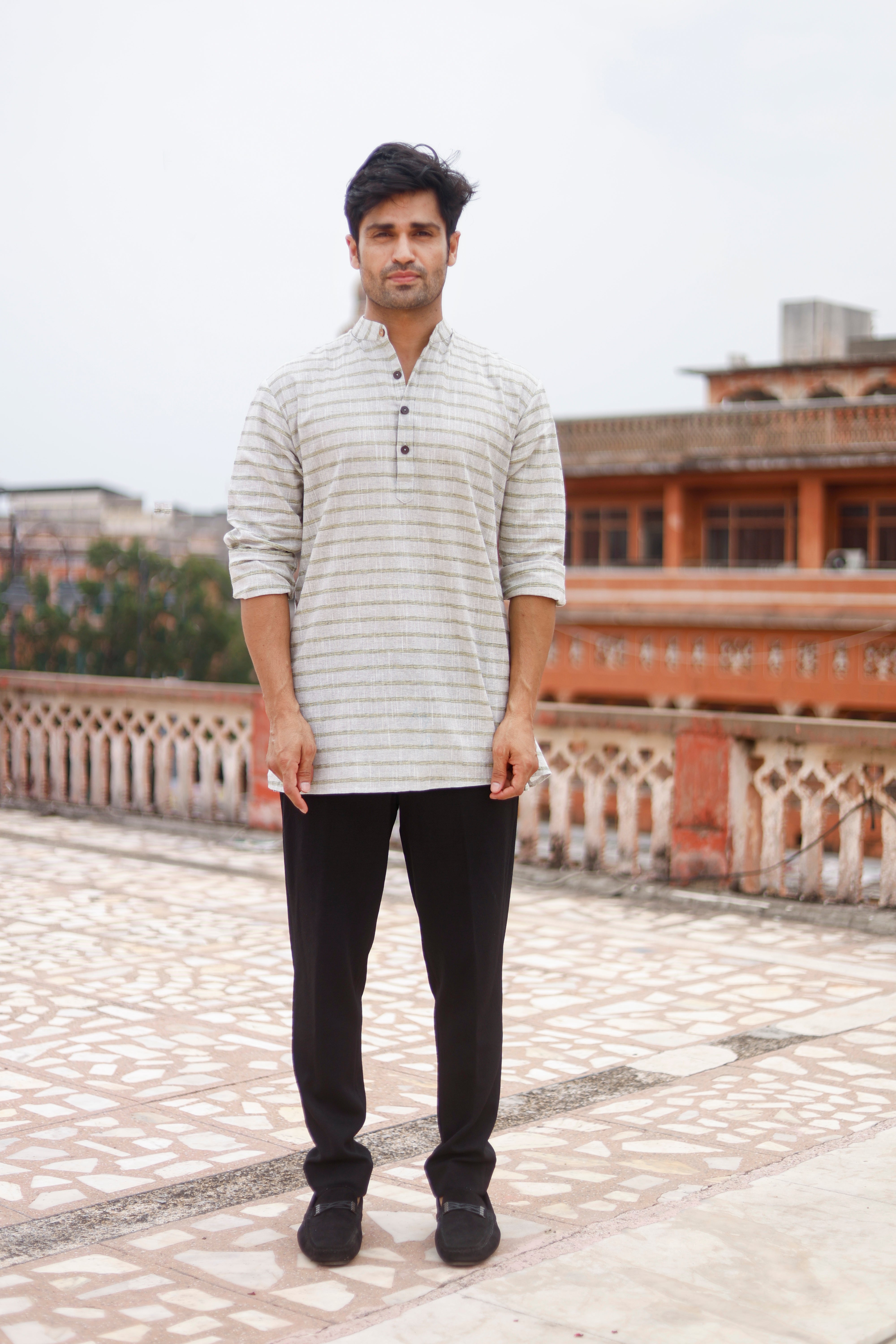 Woven Green Stripe Short Kurta