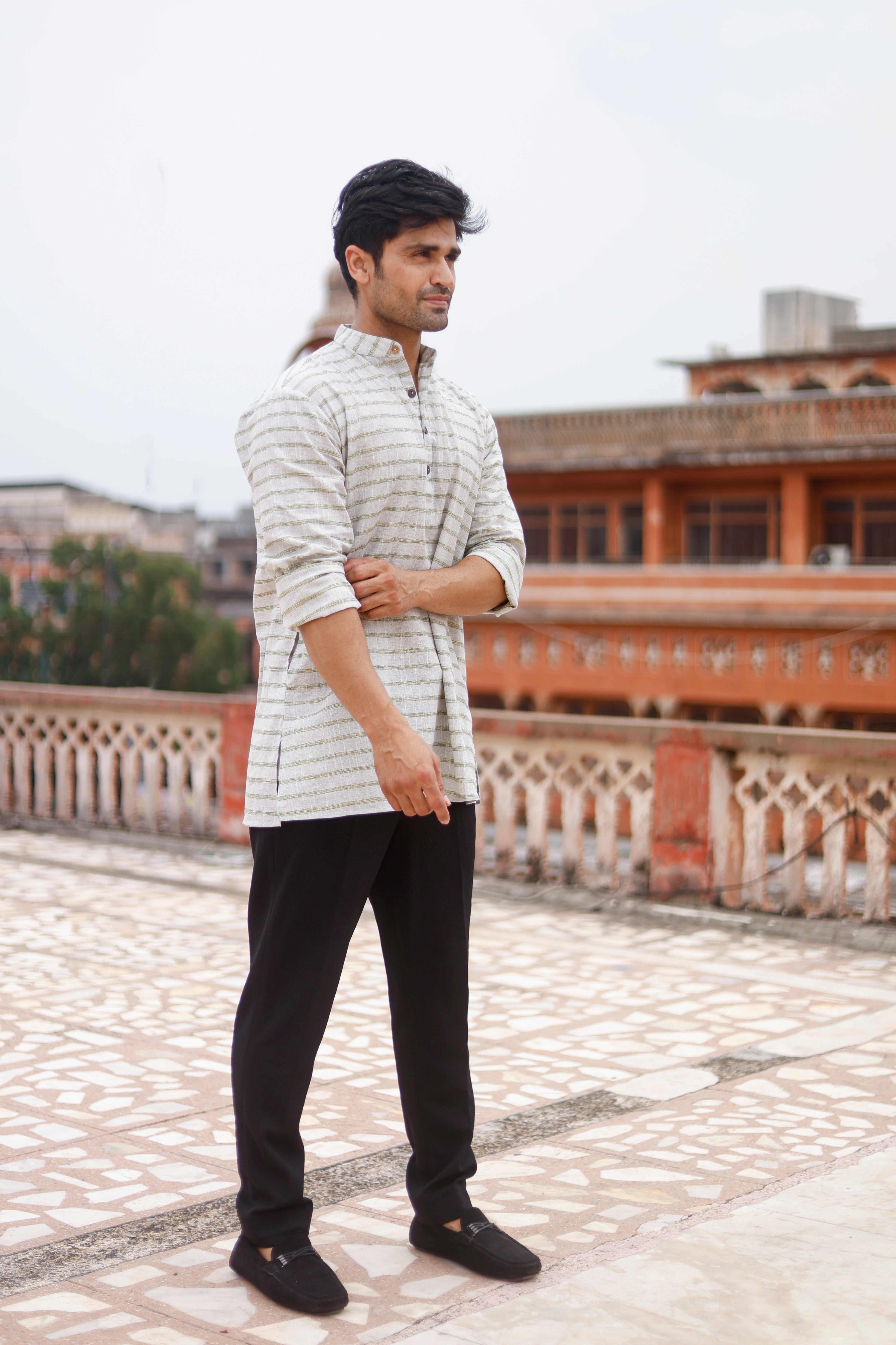 Woven Green Stripe Short Kurta