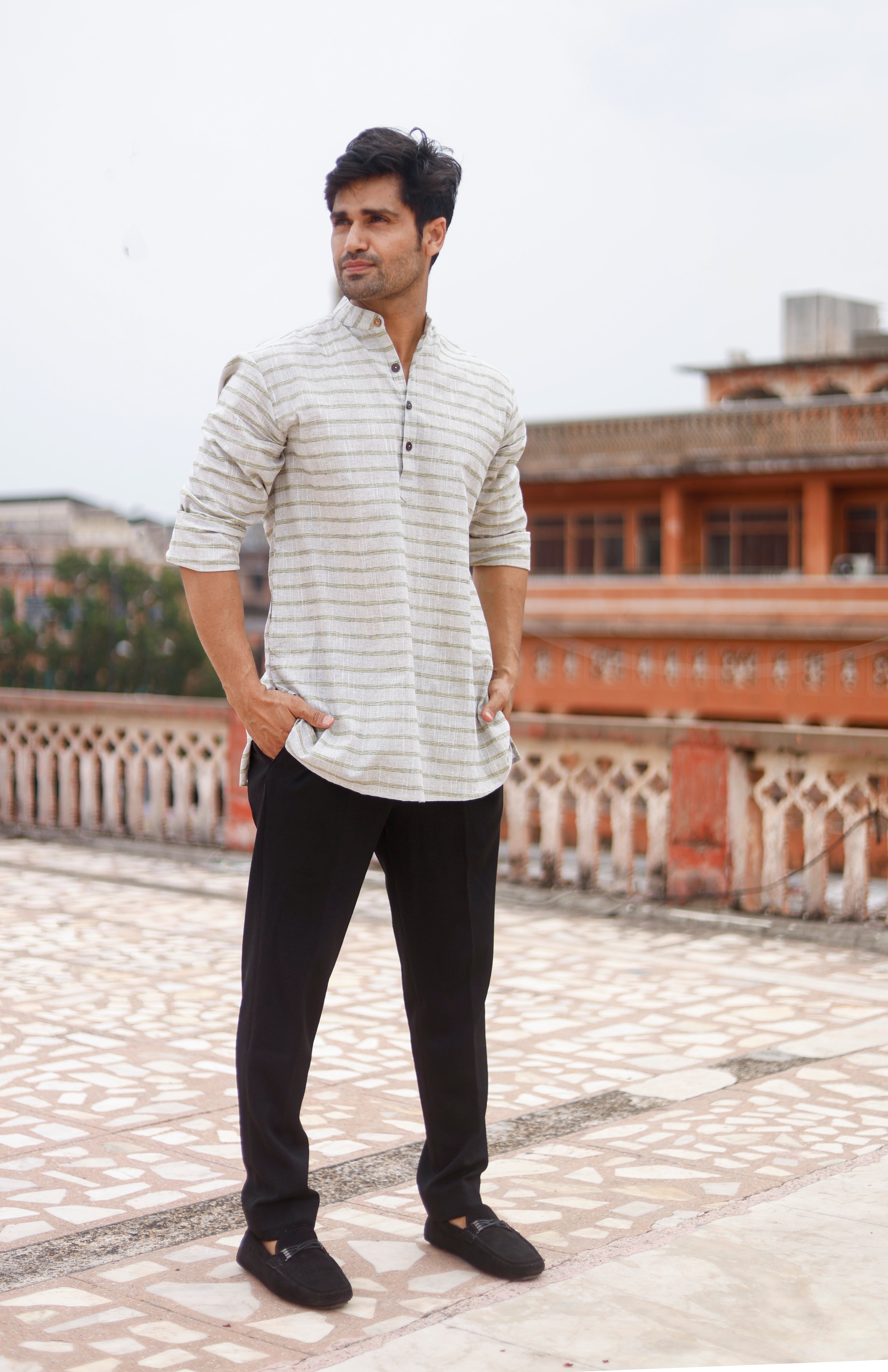 Woven Green Stripe Short Kurta