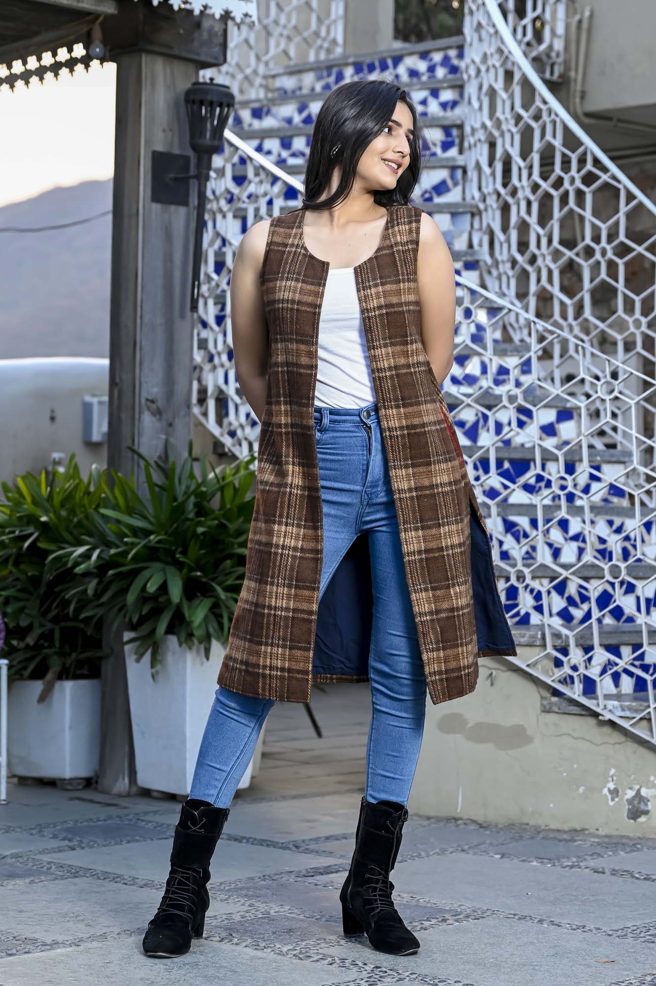 Jacket Long Women Checkered Brown