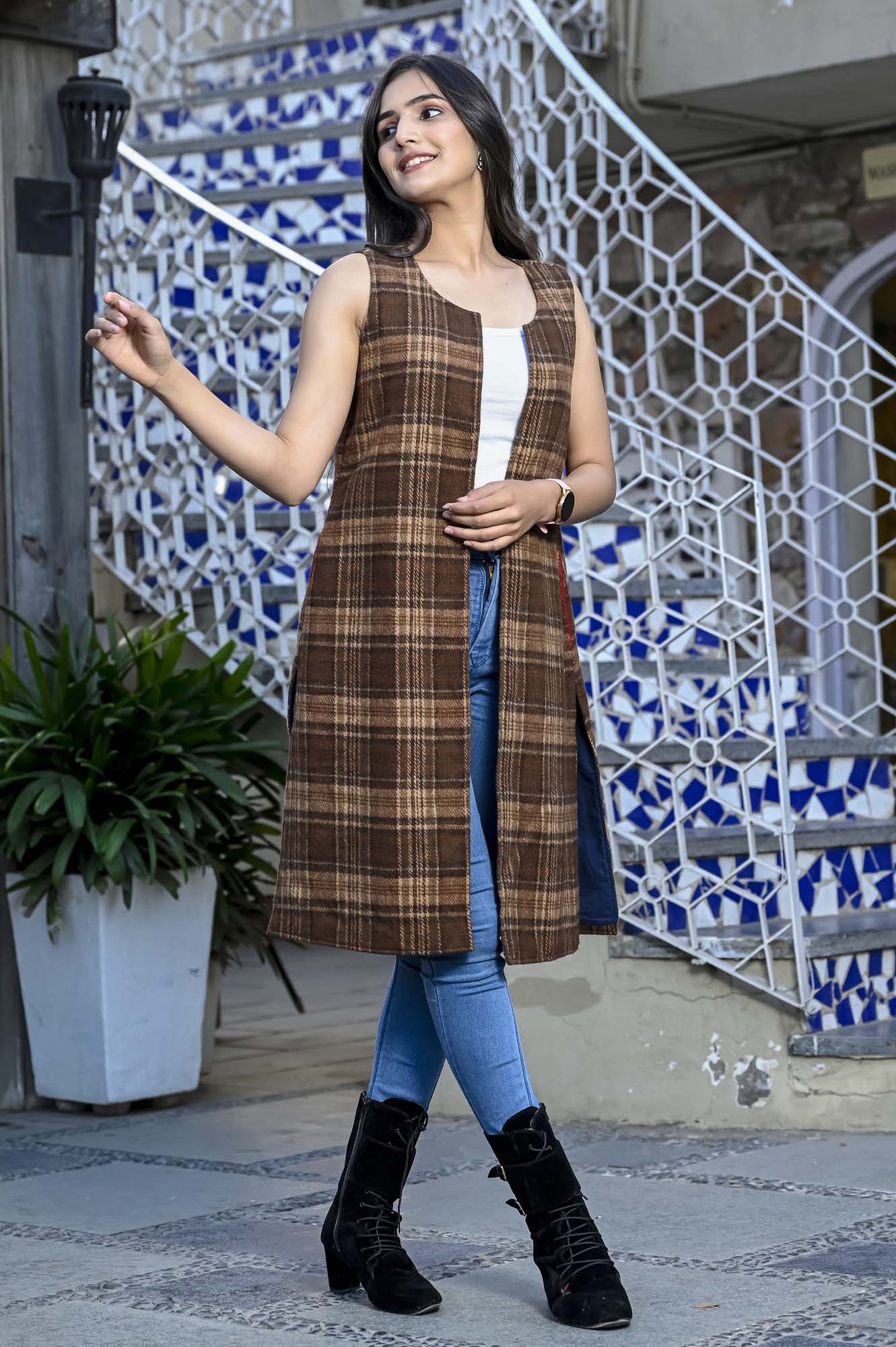 Jacket Long Women Checkered Brown