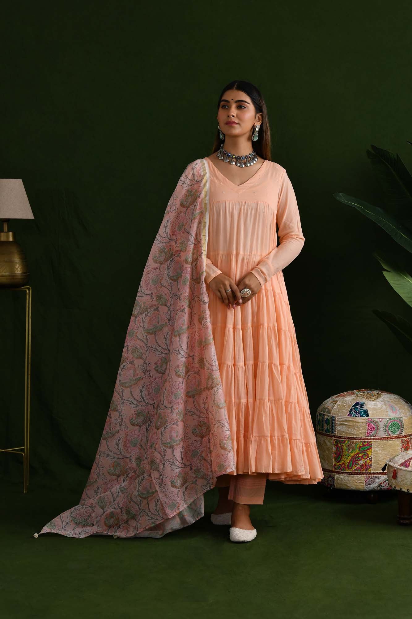 Peach Peony Love Tier Anarkali Suit Set