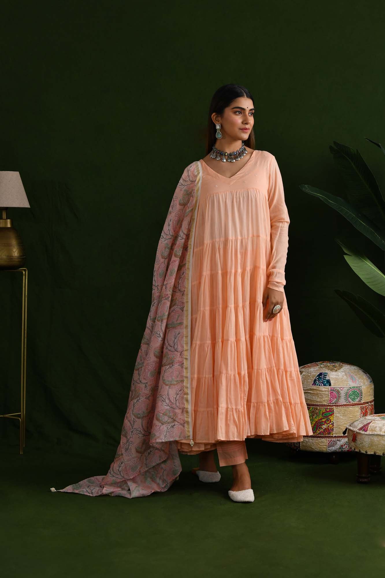 Peach Peony Love Tier Anarkali Suit Set