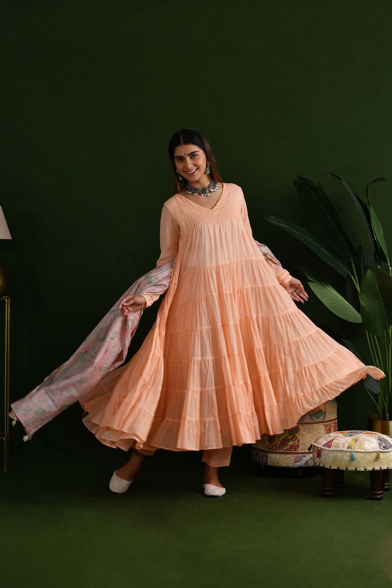 Peach Peony Love Tier Anarkali Suit Set