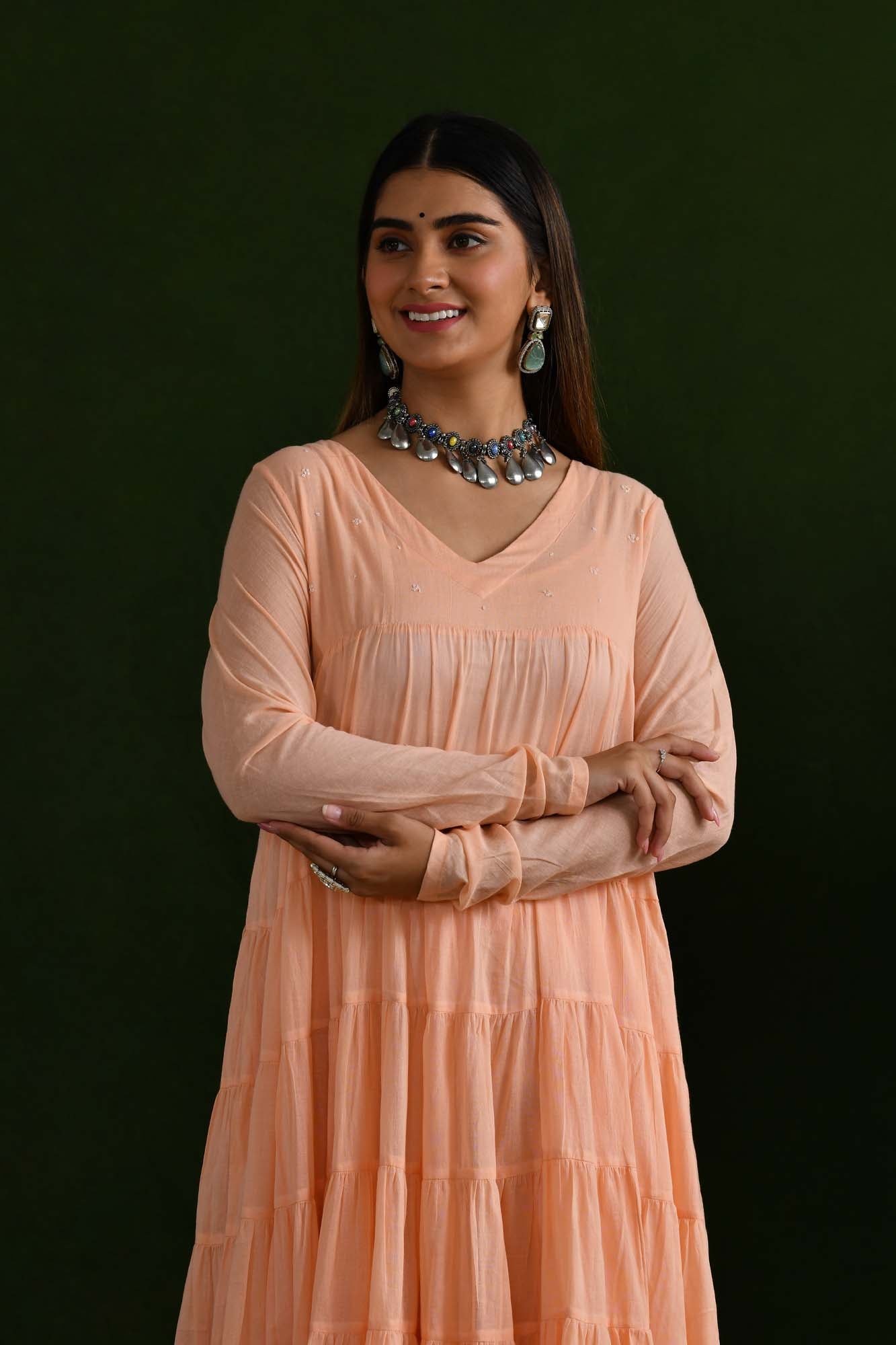 Peach Peony Love Tier Anarkali Suit Set