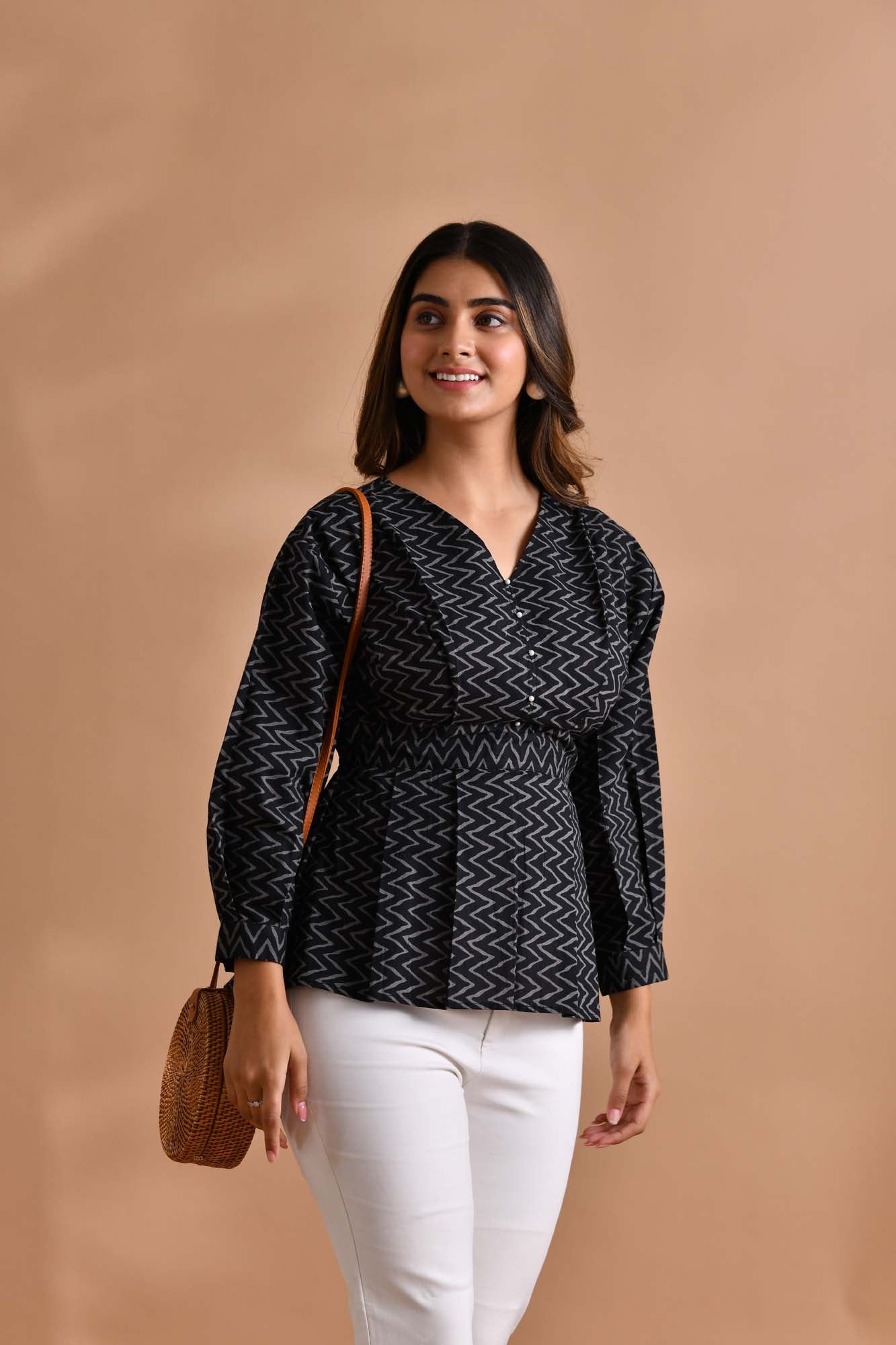 Shirt Women Peplum Chevron Black