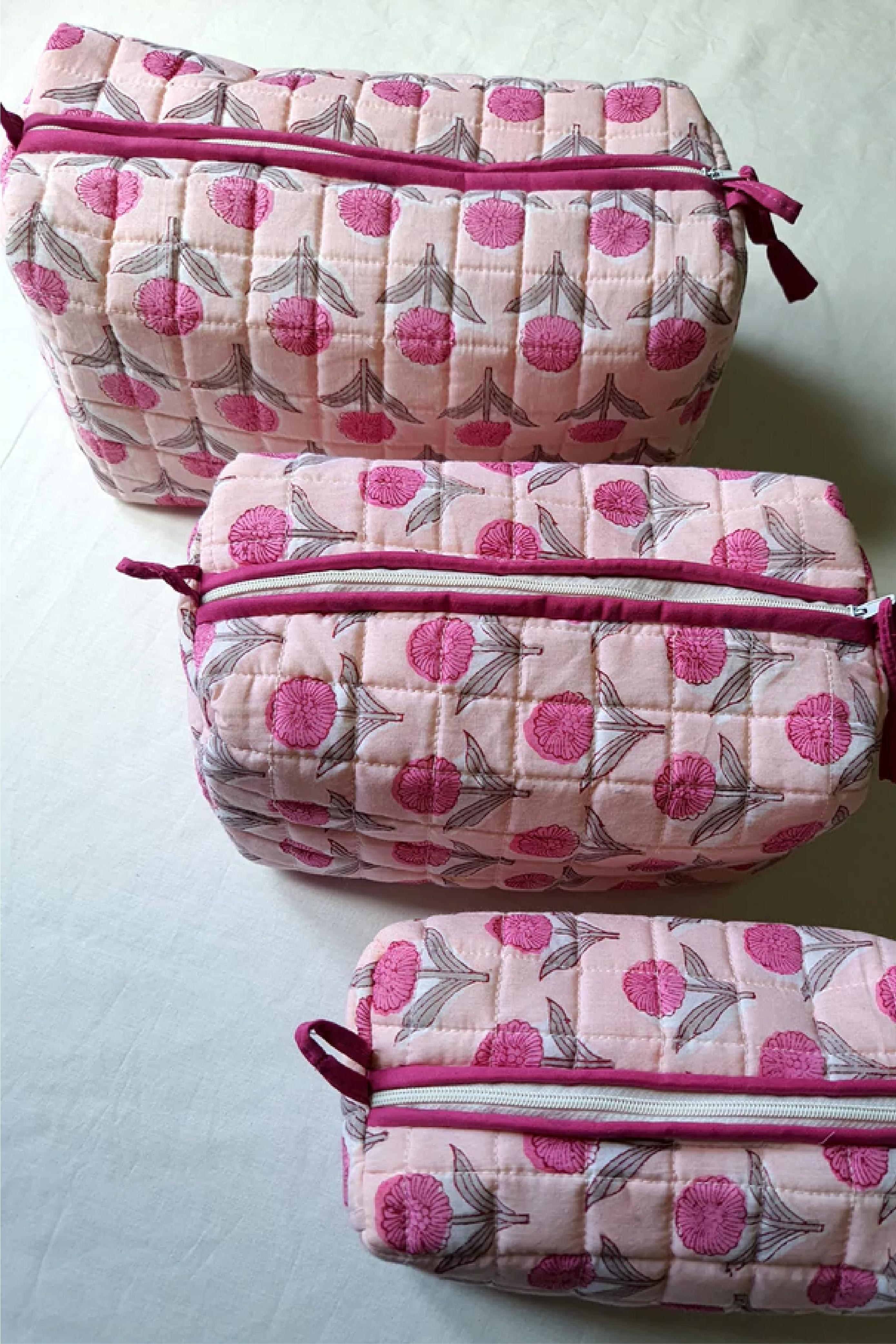 Pink Motif-Quilted Pouch Set S/3