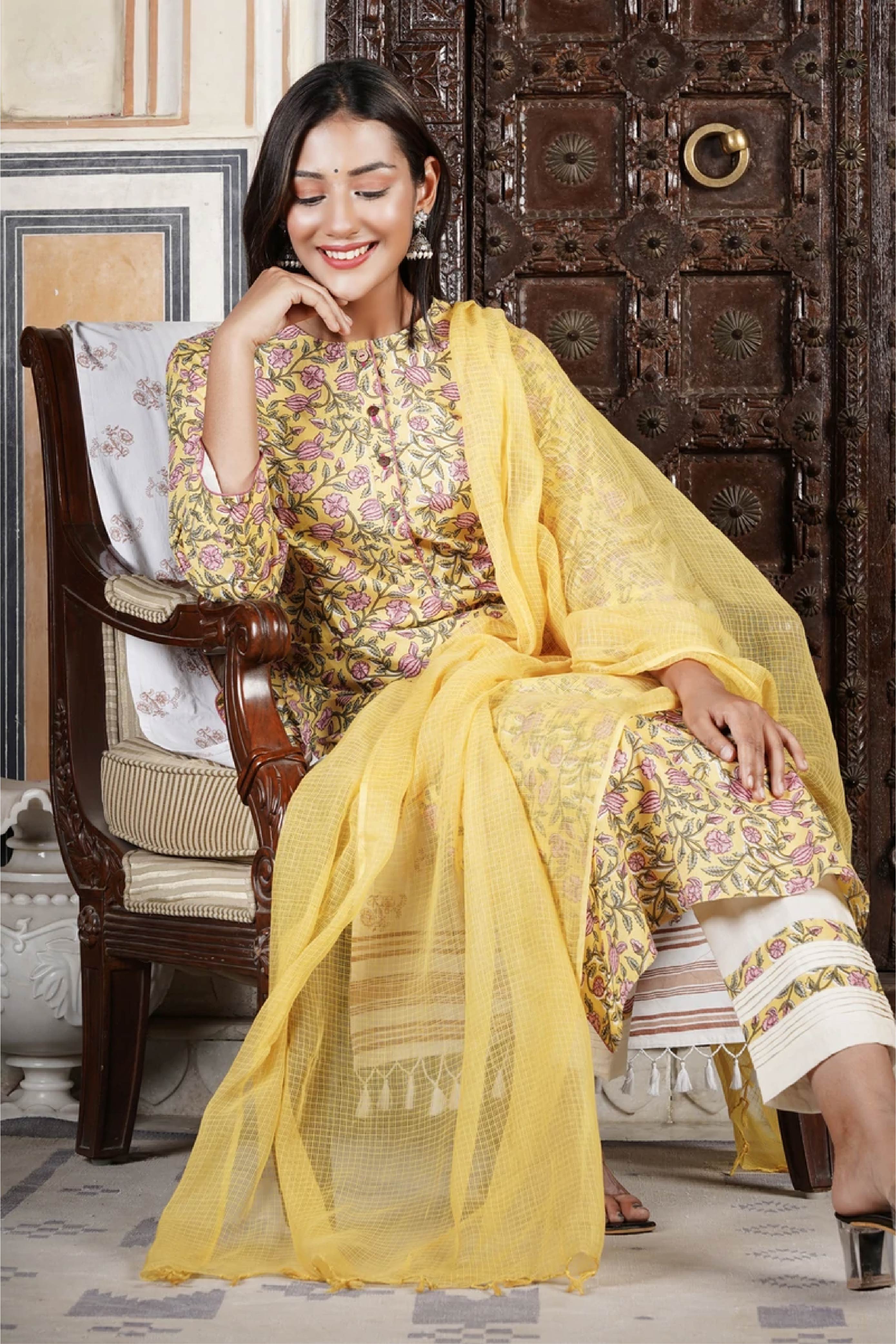 Women Sunshine Yellow Floral Suit- Set of 3