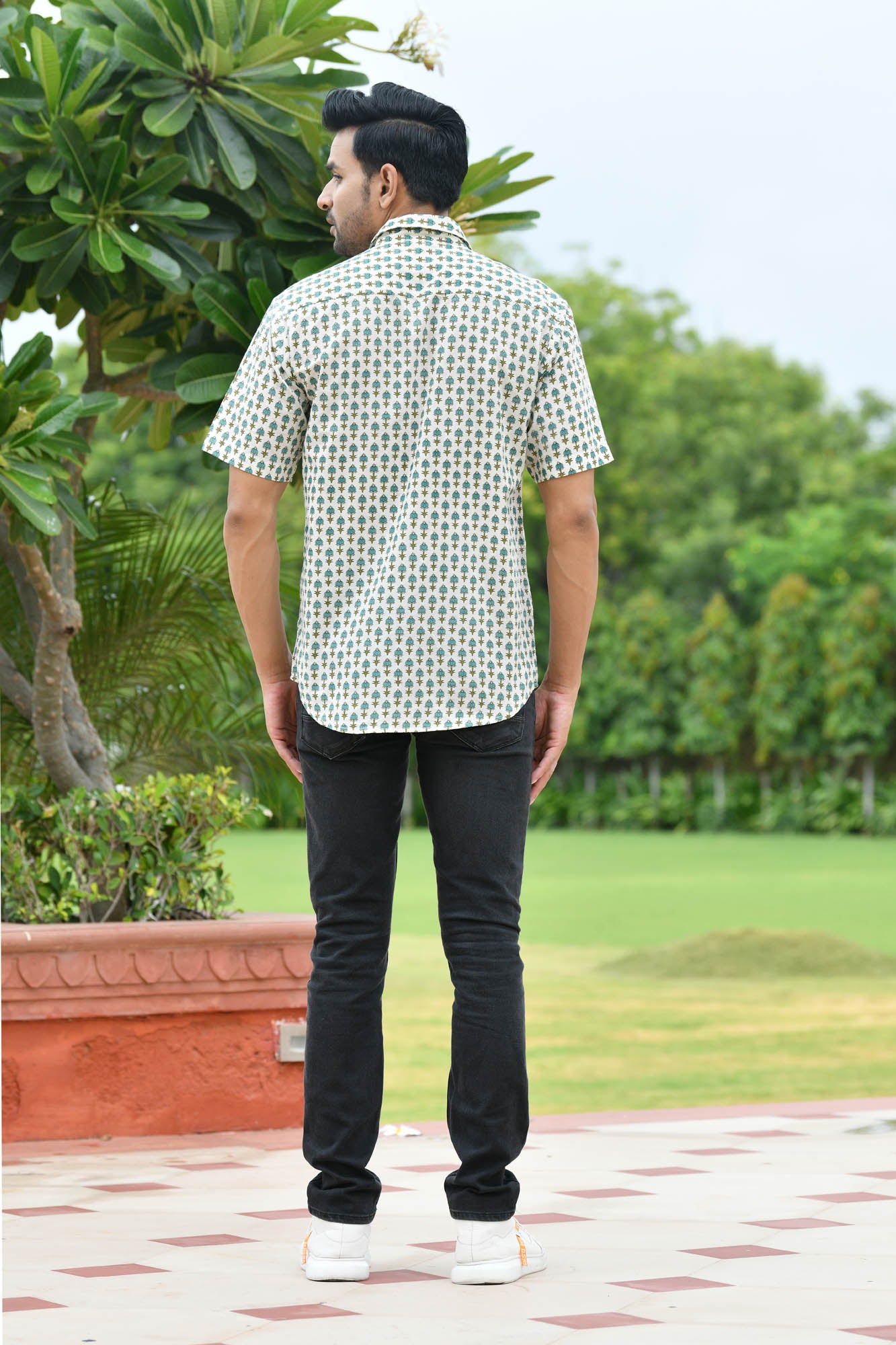 Shirt Half Sleeve Mens Block Motifs Green