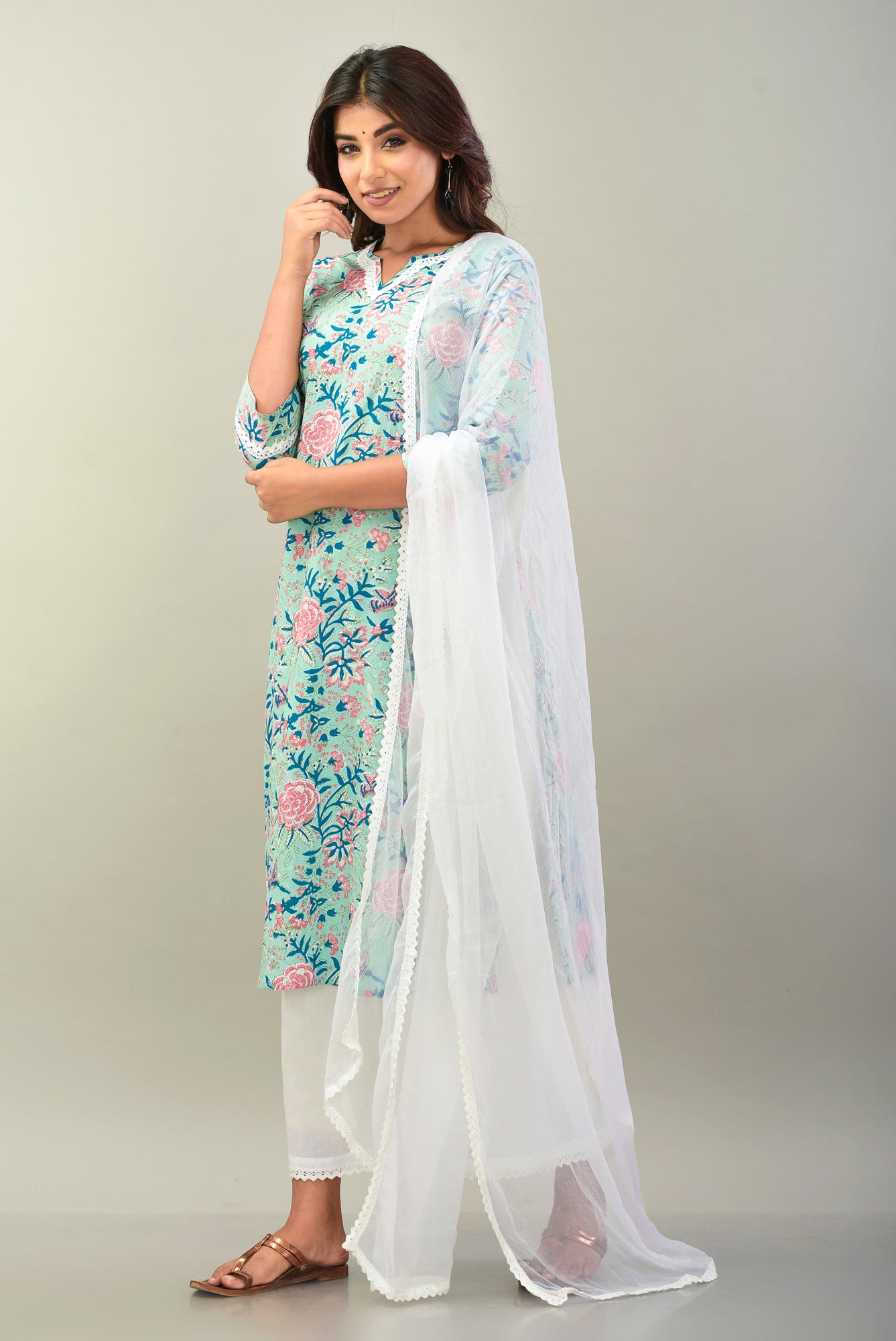 Aqua Blue Rose Kurta Suit Set/3