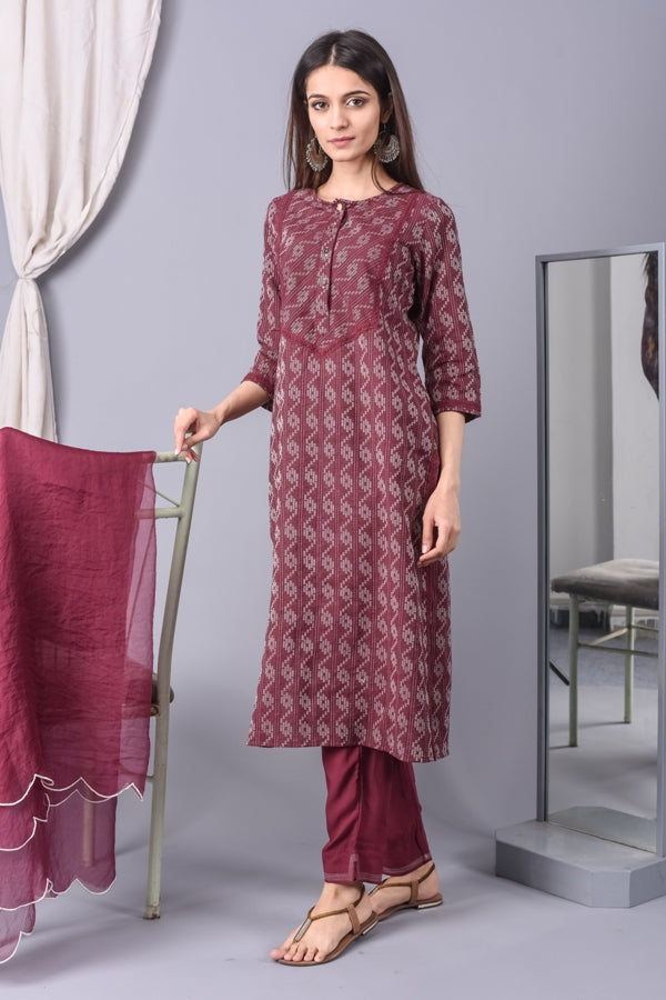 Wine Kantha Kurta With Pant & Dupatta