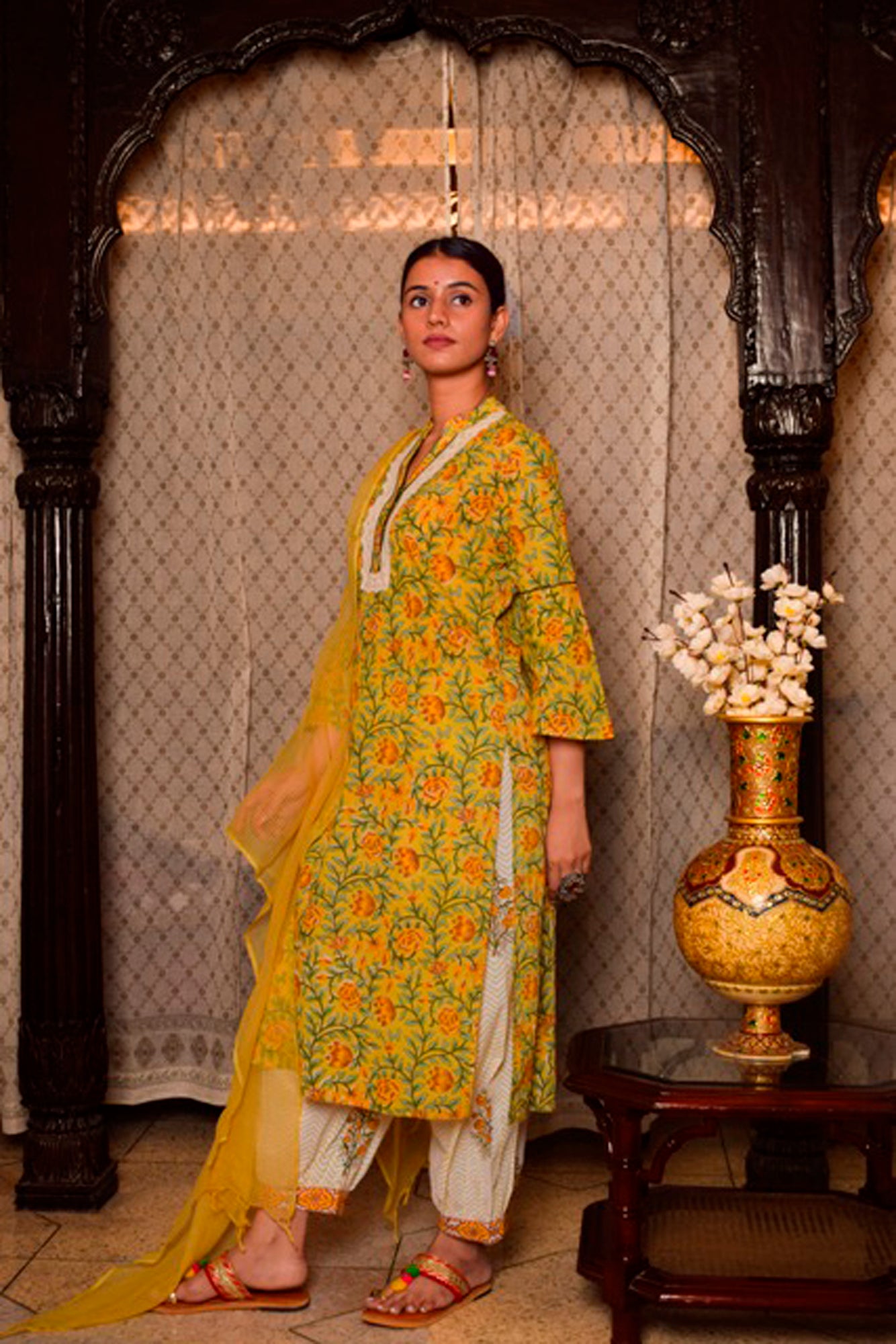 Women Sunshine Yellow Floral Suit- Set S/3