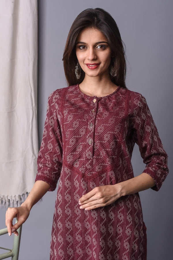 Wine Kantha Kurta With Pant & Dupatta