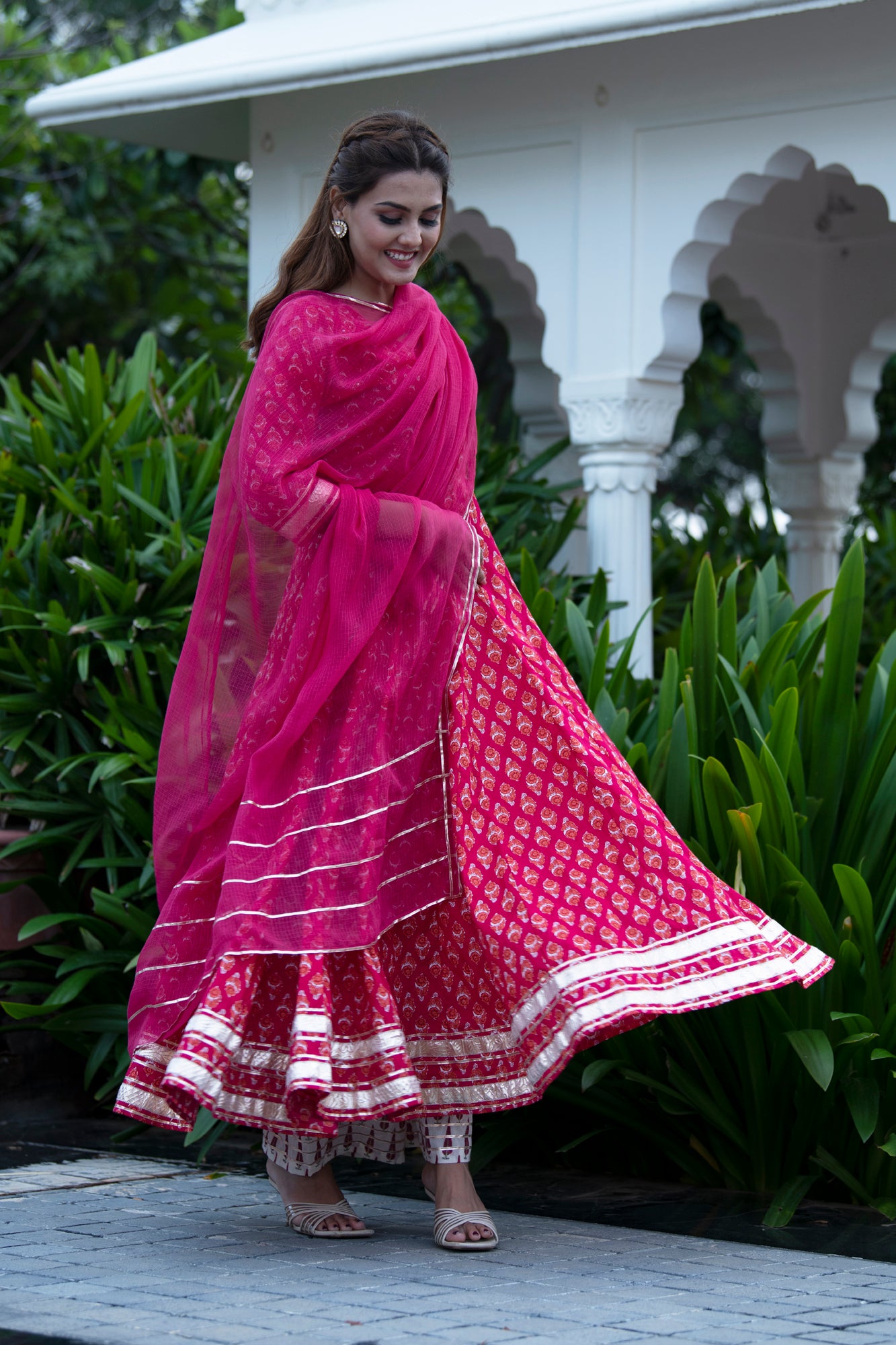 Red Printed Kalidar Kurta With Pant & Dupatta