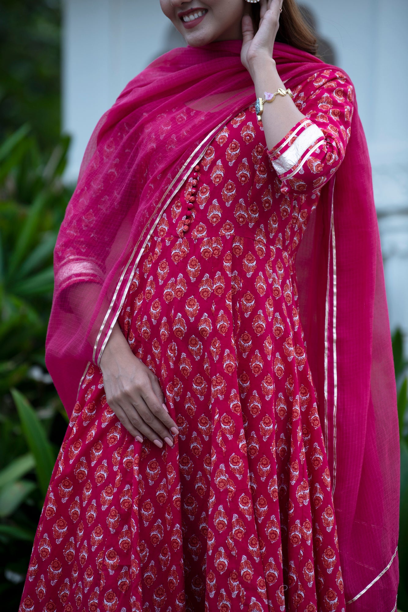 Red Printed Kalidar Kurta With Pant & Dupatta