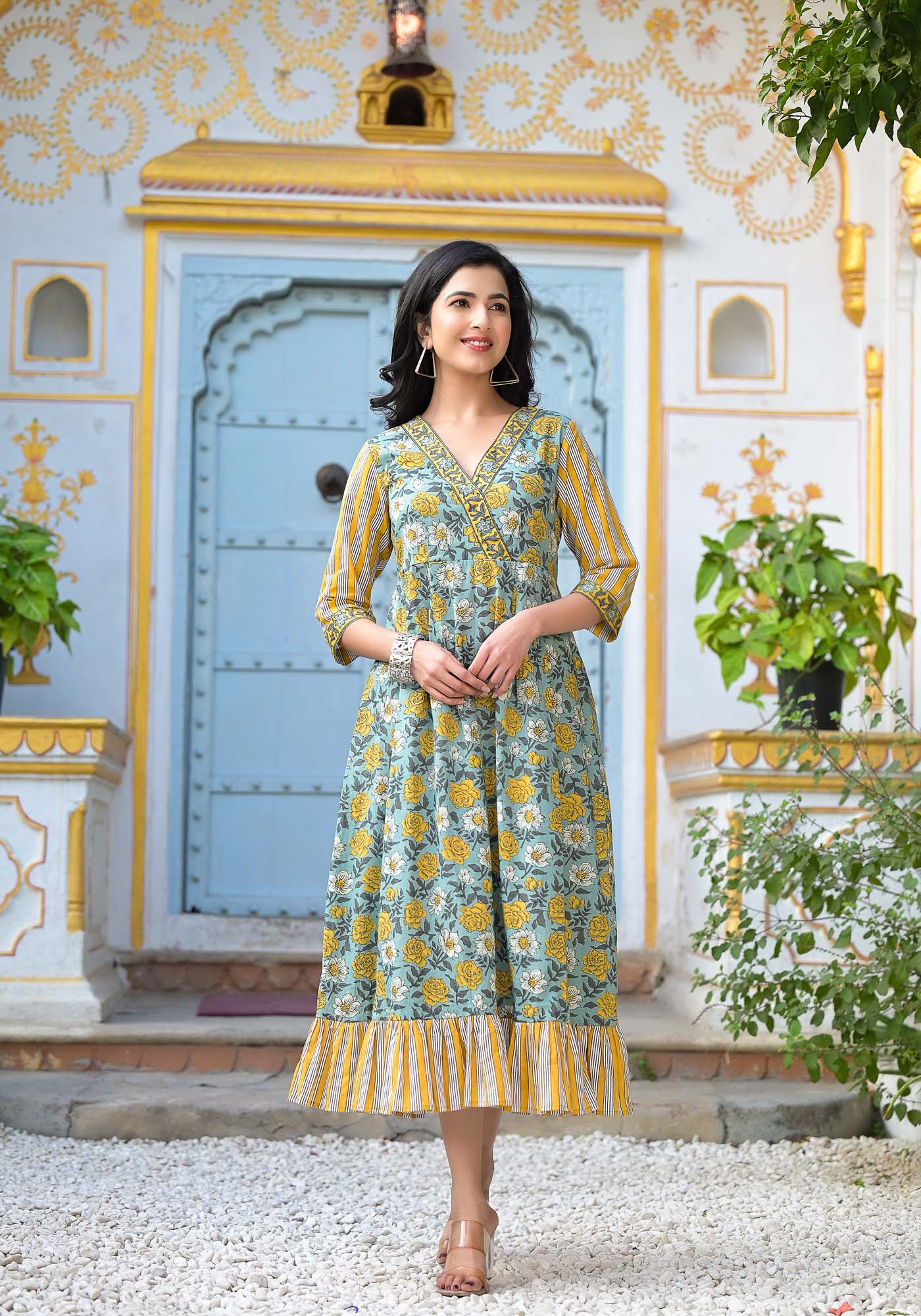 SkyBlue Pure Chanderi Rose Print Long Gown For Girls !!!