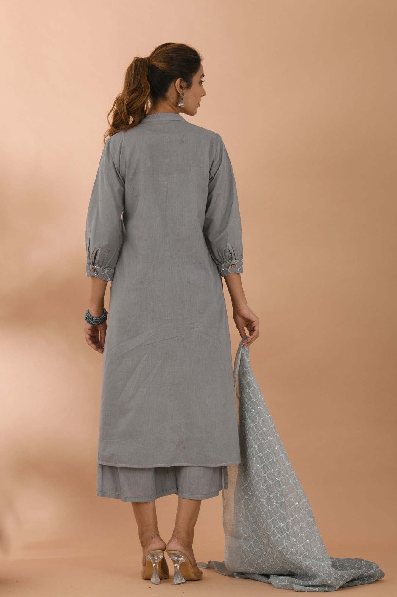 Kurta Set of 2 Women Embroidered Yoke Grey