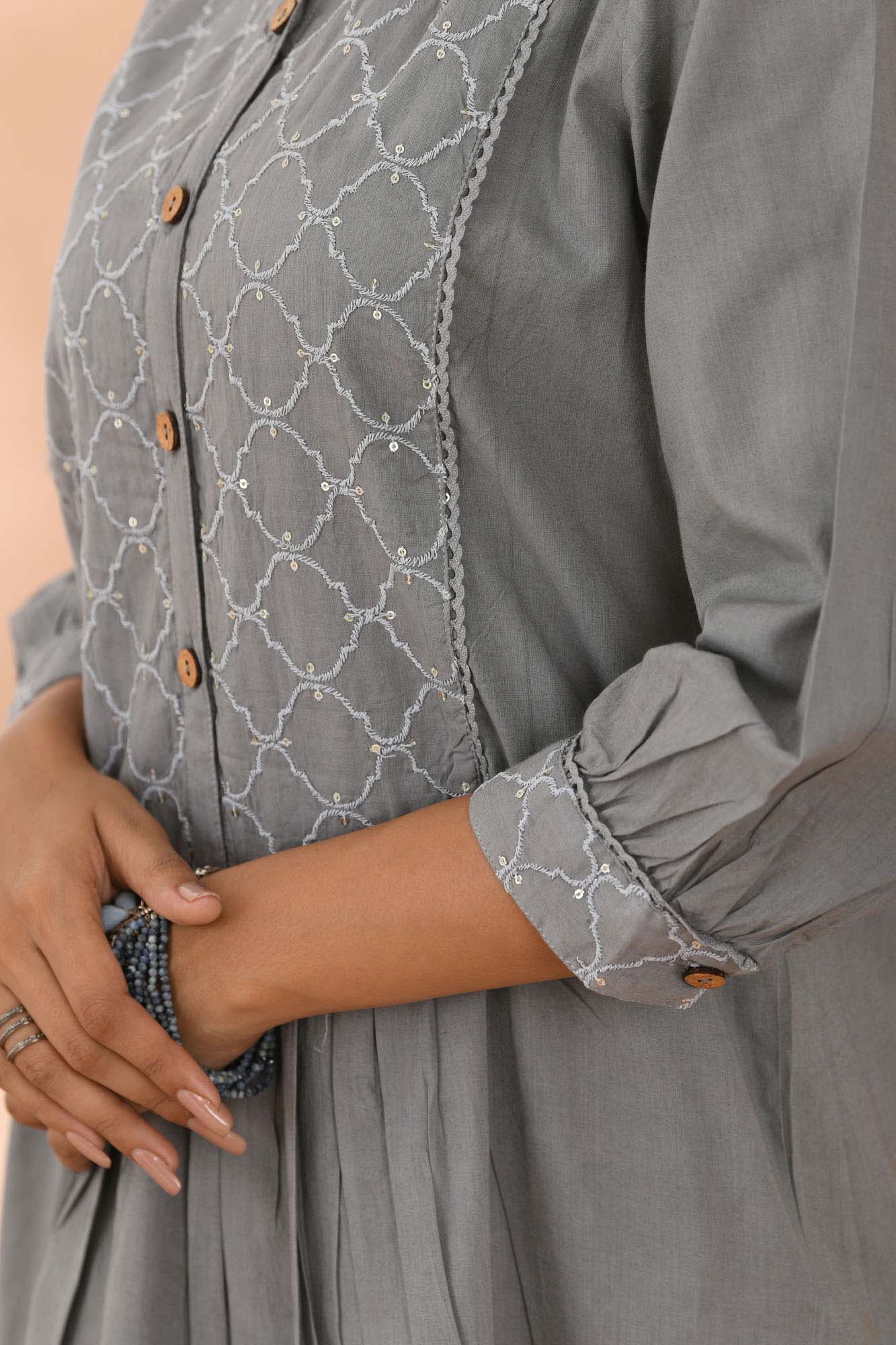 Kurta Set of 2 Women Embroidered Yoke Grey