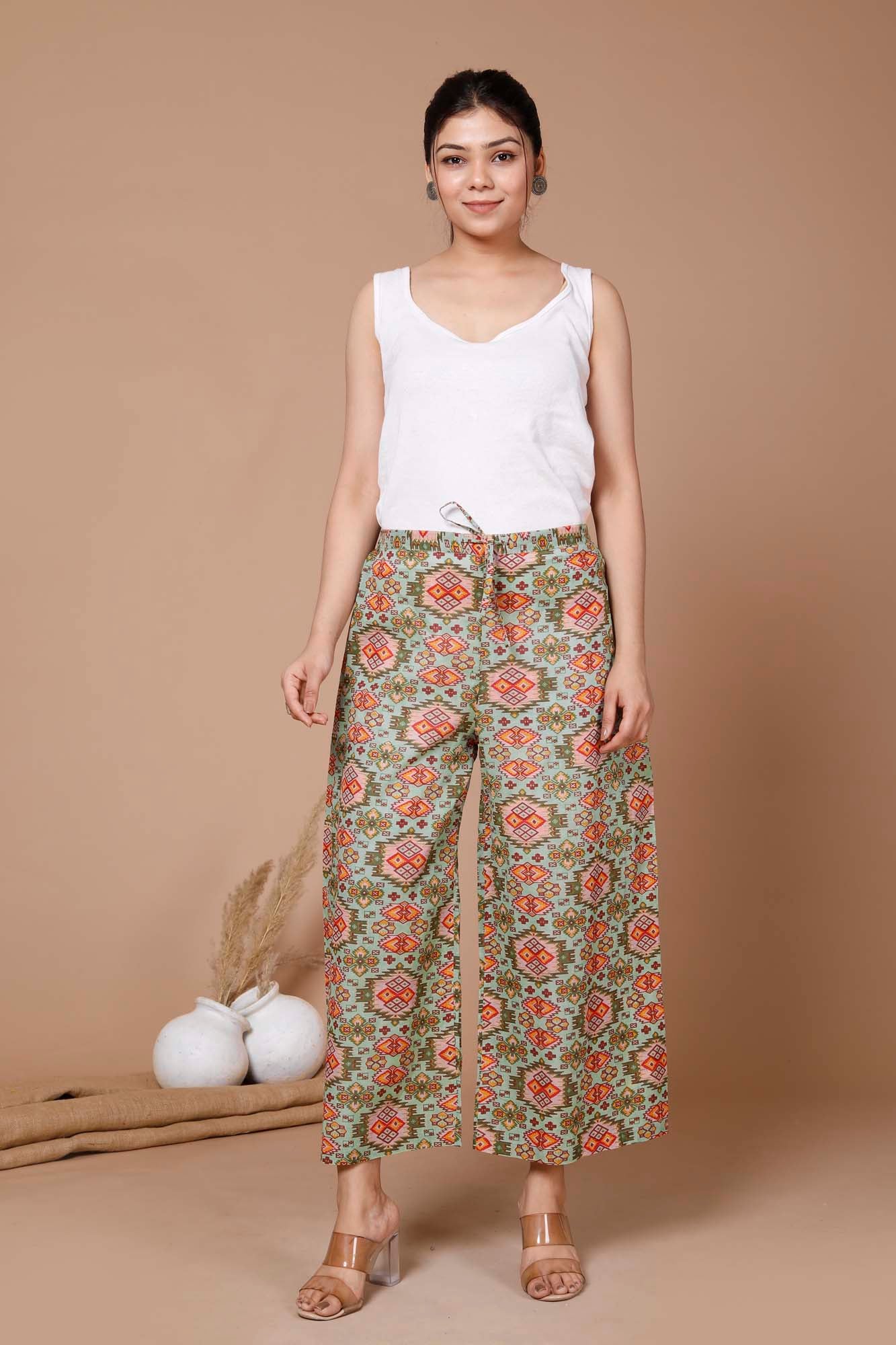 Women Broad Pant Green Geometrical