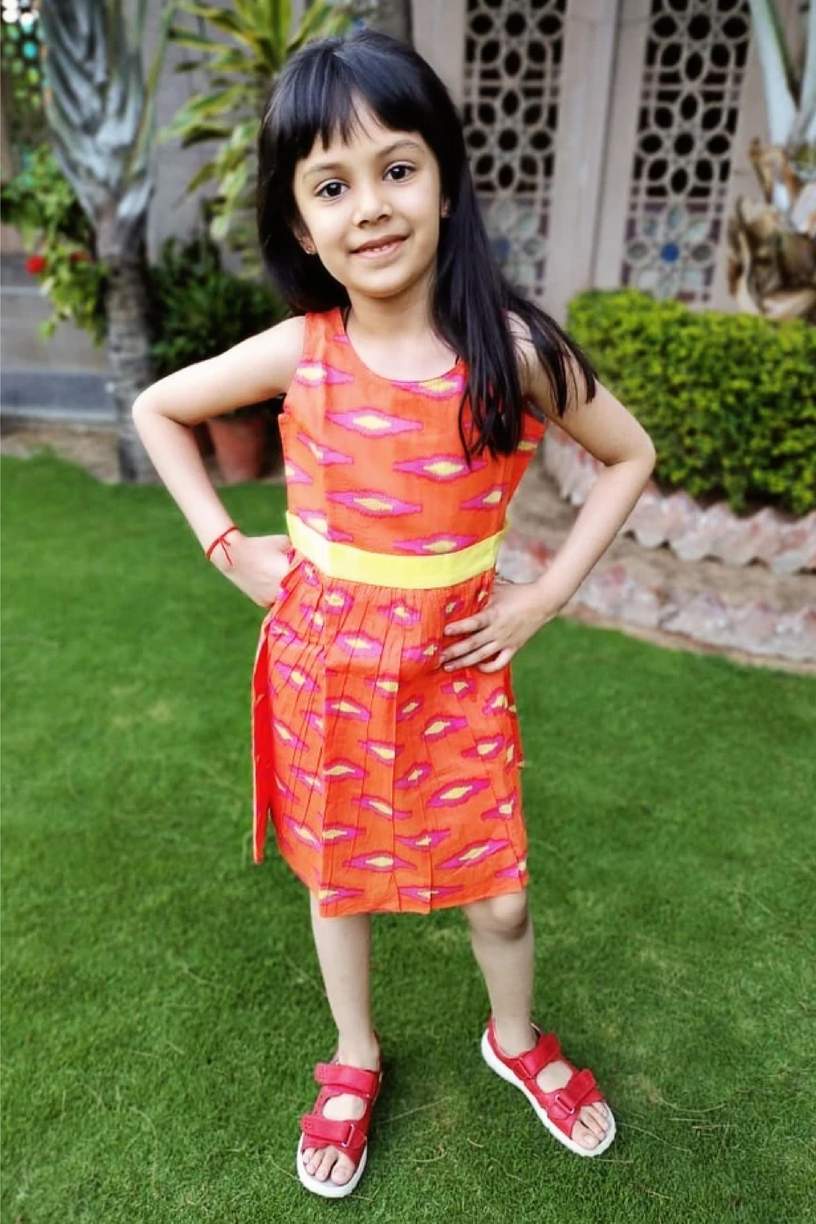 Girls Orange Ikat Frock