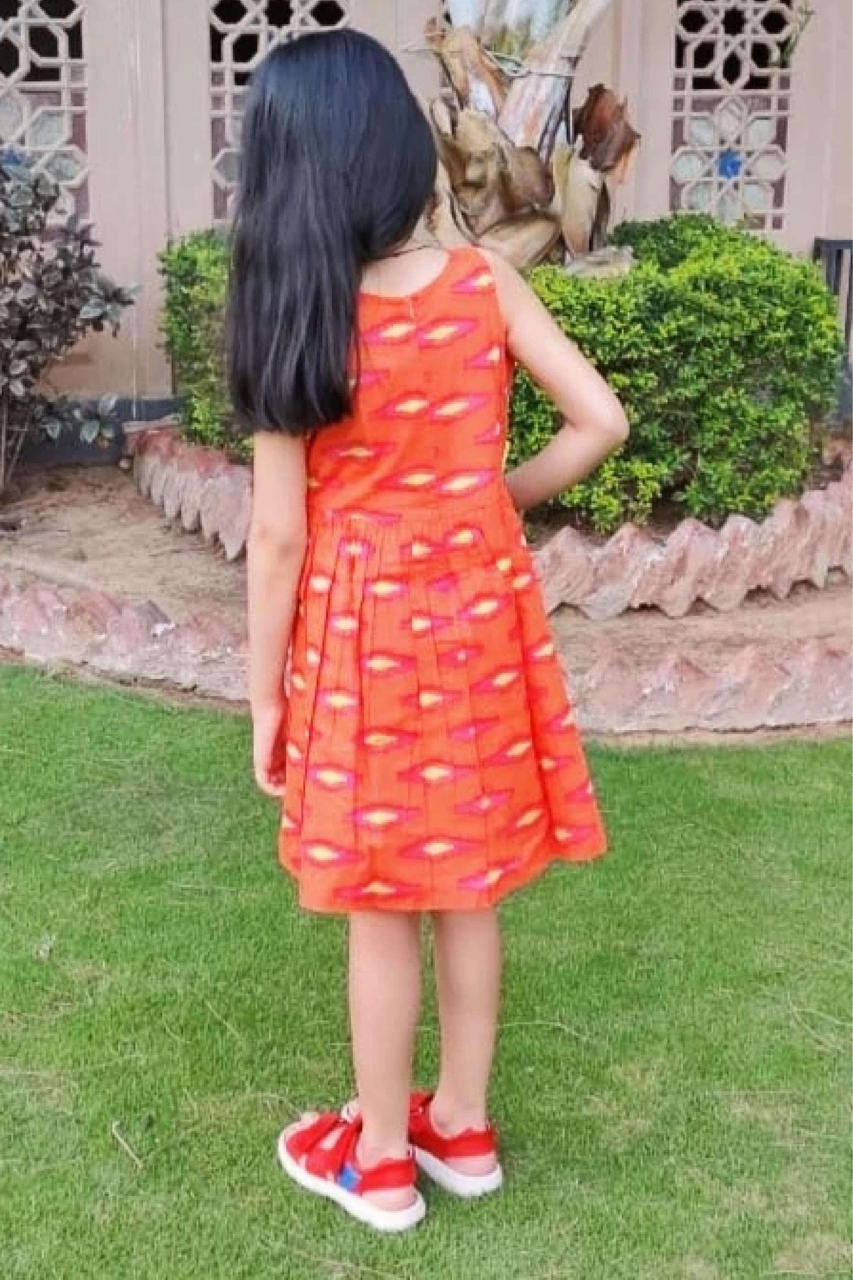 Girls Orange Ikat Frock