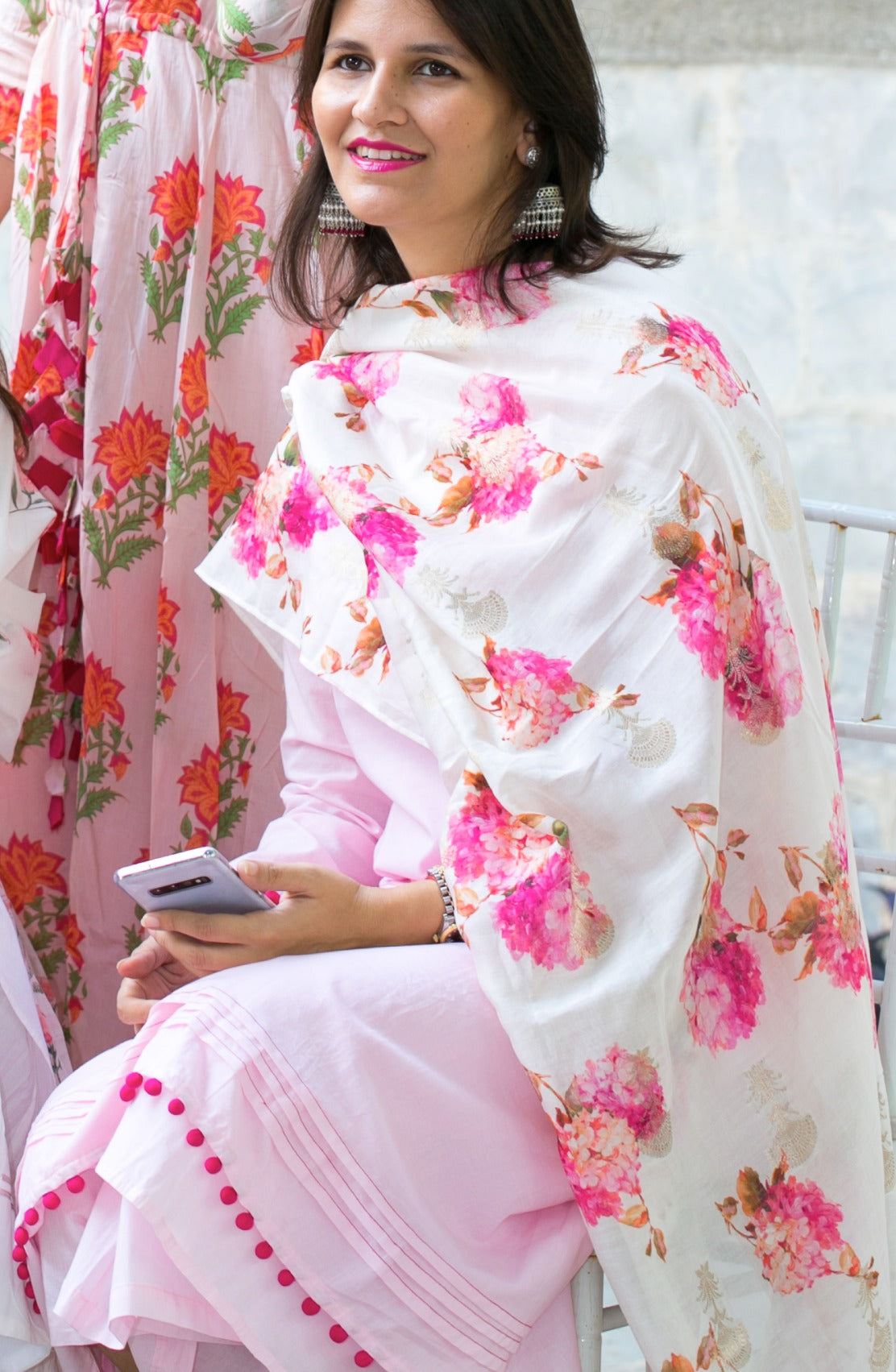 Sadabahar Pink Pom-Pom Kurta