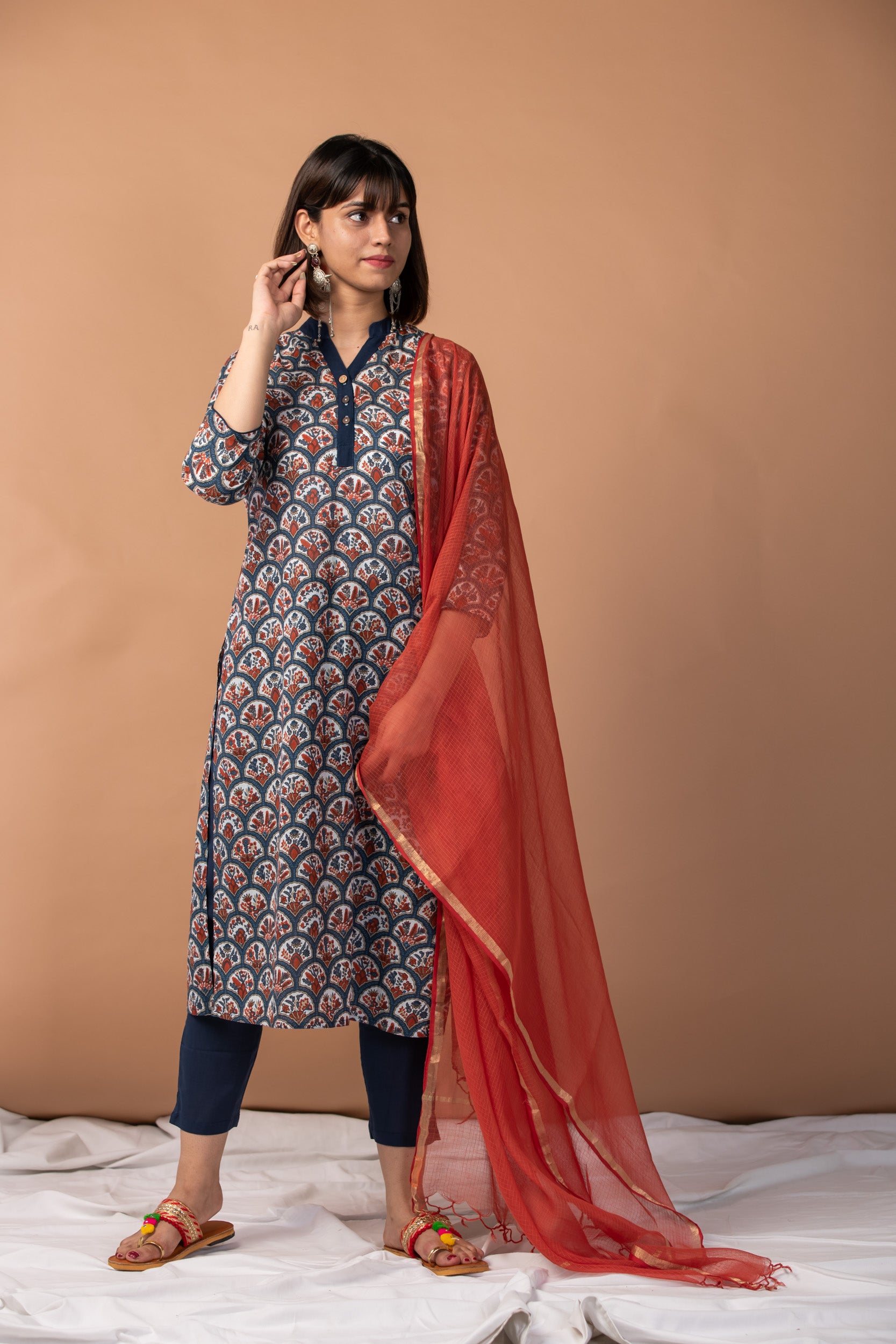 Kurta Set Women Set of 3 Blue Blossom