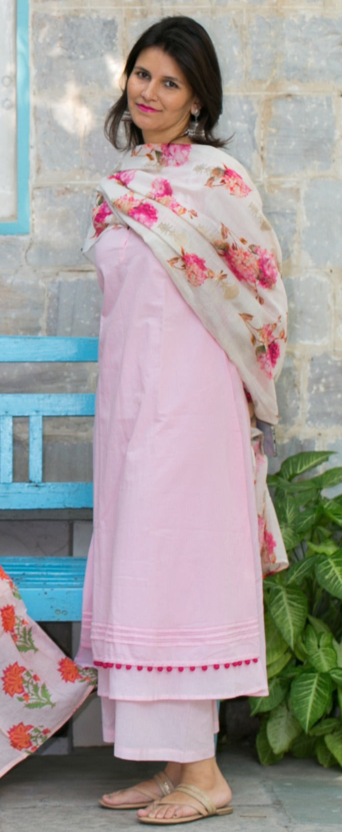 Sadabahar Pink Pom-Pom Kurta